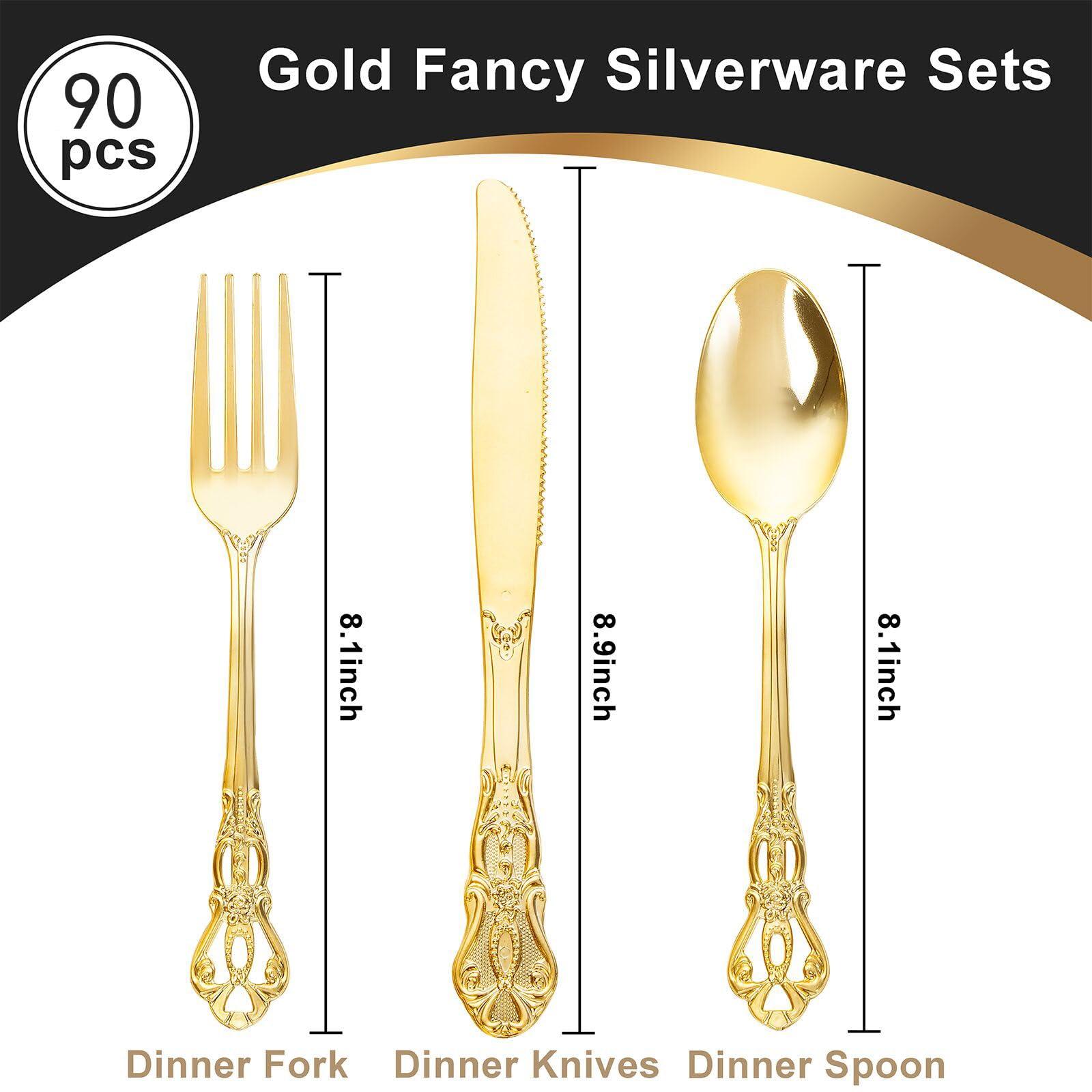 Joyido 90 Pieces Gold Plastic Silverware - Heavy Duty Gold Disposable Utensils - Fancy Plastic Cutlery Set Includes 30 Forks, 30 Spoons, 30 Knives for Dinner Parties Weddings - Image 3