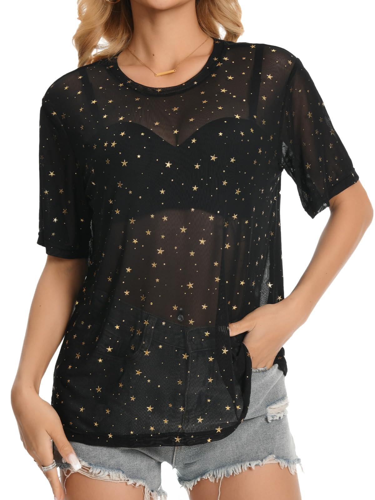 HWOKEFEIYU Women's Summer Short Sleeve Tops See Through Mesh Sheer Sexy T Shirt Blouse