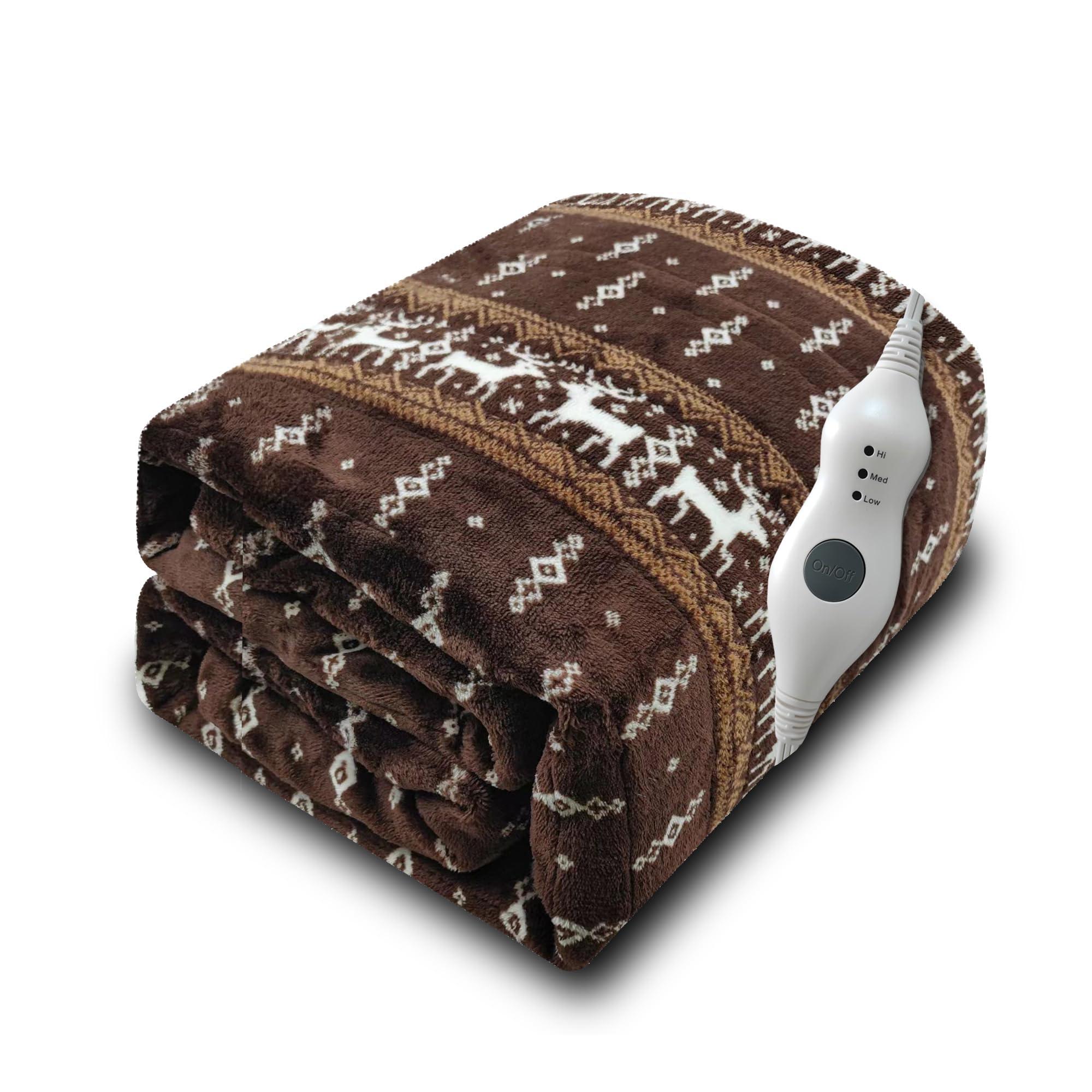 Gintao Electric Heated Blanket Throw,Double Flannel Electric Throw with 3 Heating Levels,ETL&FCC Certified, 4H Auto Off Overheat Protection,Heating Blanket for Home Office, 50"x60"Brown