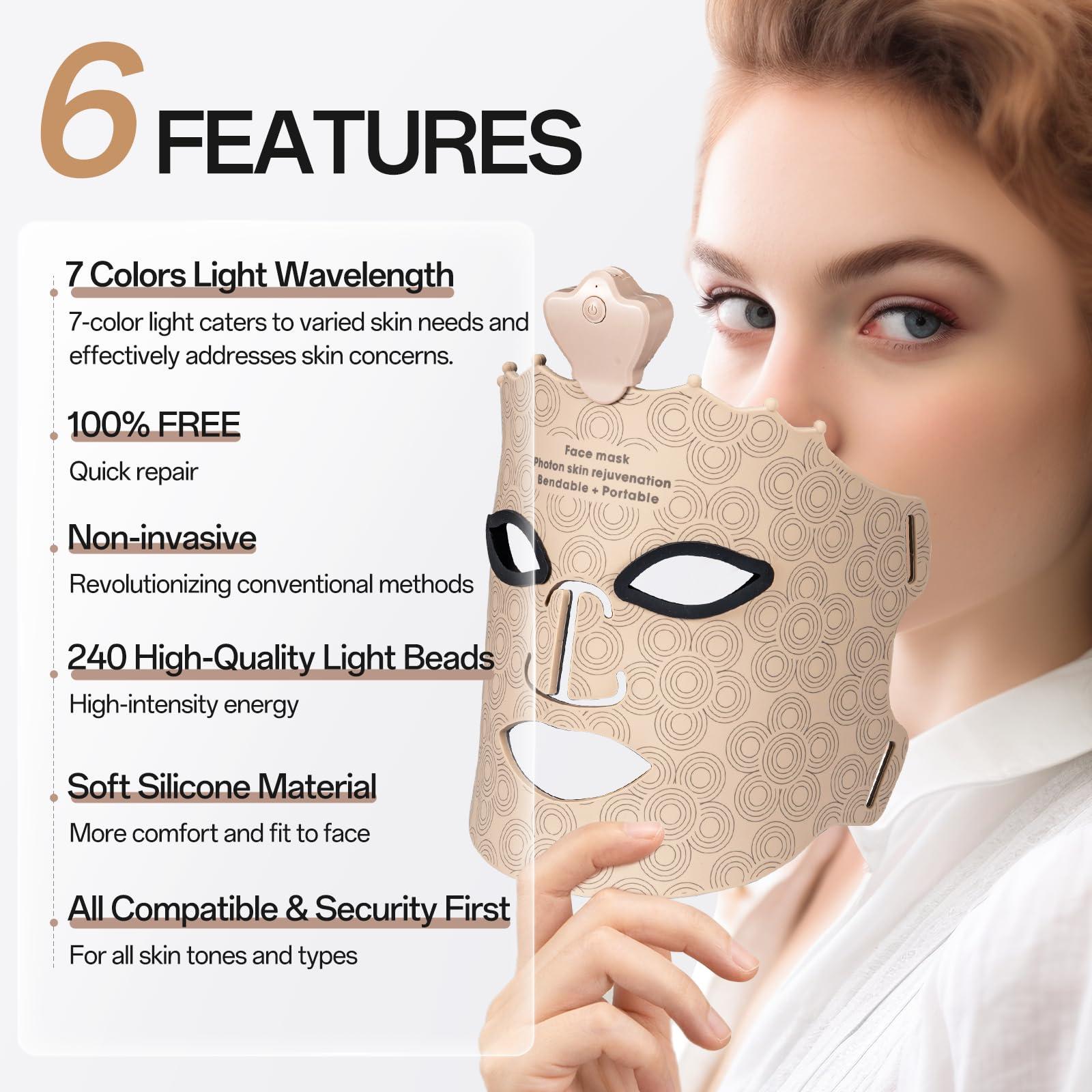 SUERBEATY Red Light Mask - 7 Colors Red Light Mask for Face, Facial Skin Care at Home, Cordless Design, Lightweight, Portable, Rechargeable for Home - Khaki - Image 2