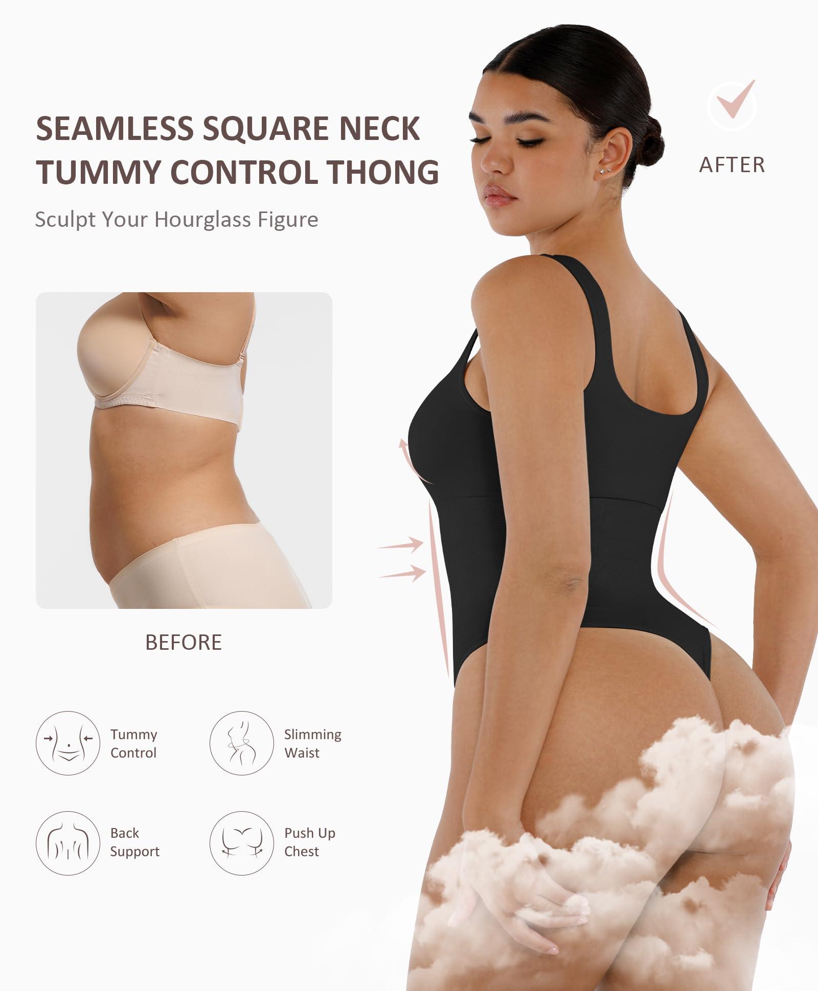 FeelinGirl Bodysuits for Women Seamless Square Neck Tummy Control Compression Thong Shapewear Bodysuit Tank Tops Bodysuit - Image 2