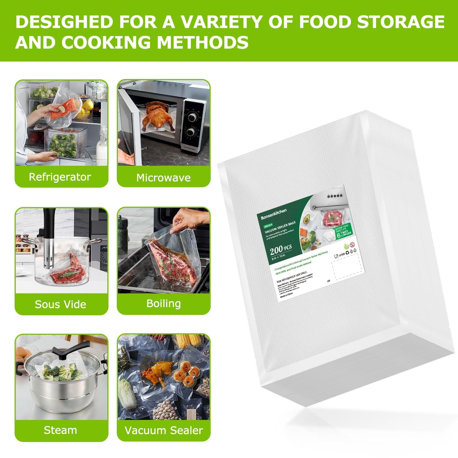 Bonsenkitchen Precut Vacuum Sealer Bags 200 Quart 8" x 12", BPA Free, Commercial Grade Textured Food Vacuum Sealer Bag, Thick Embossed Bags for Storage and Sous Vide Cooking VB3208 - Image 3