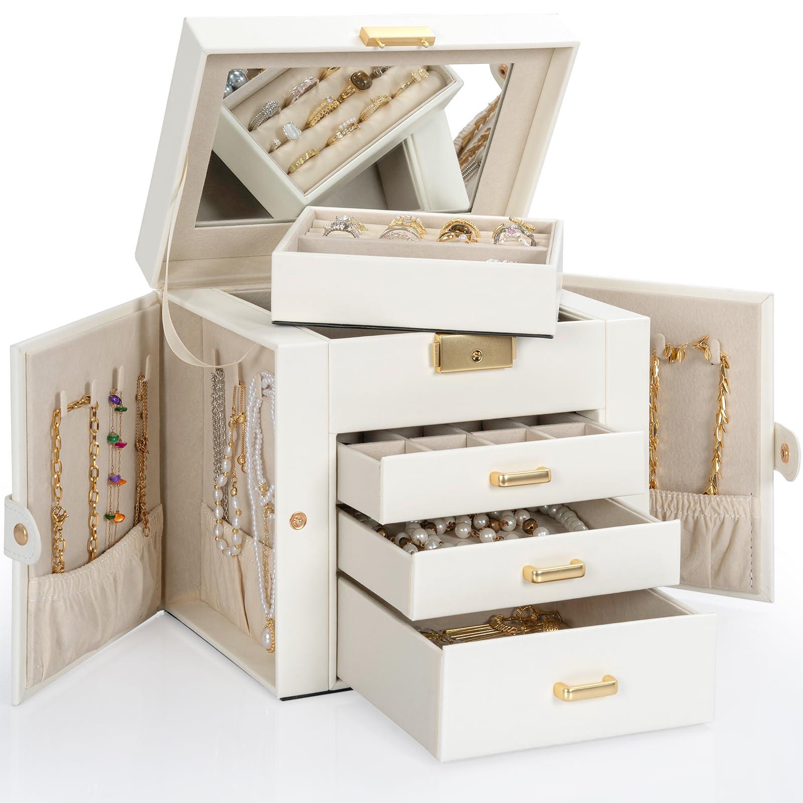AKOZLIN 4-Tier Jewelry Box Leather Jewelry Storage Organizer with 3 Drawers Lockable for Women Girls Ring Necklace Earring Bracelet Holder with Mirror White - Image 8