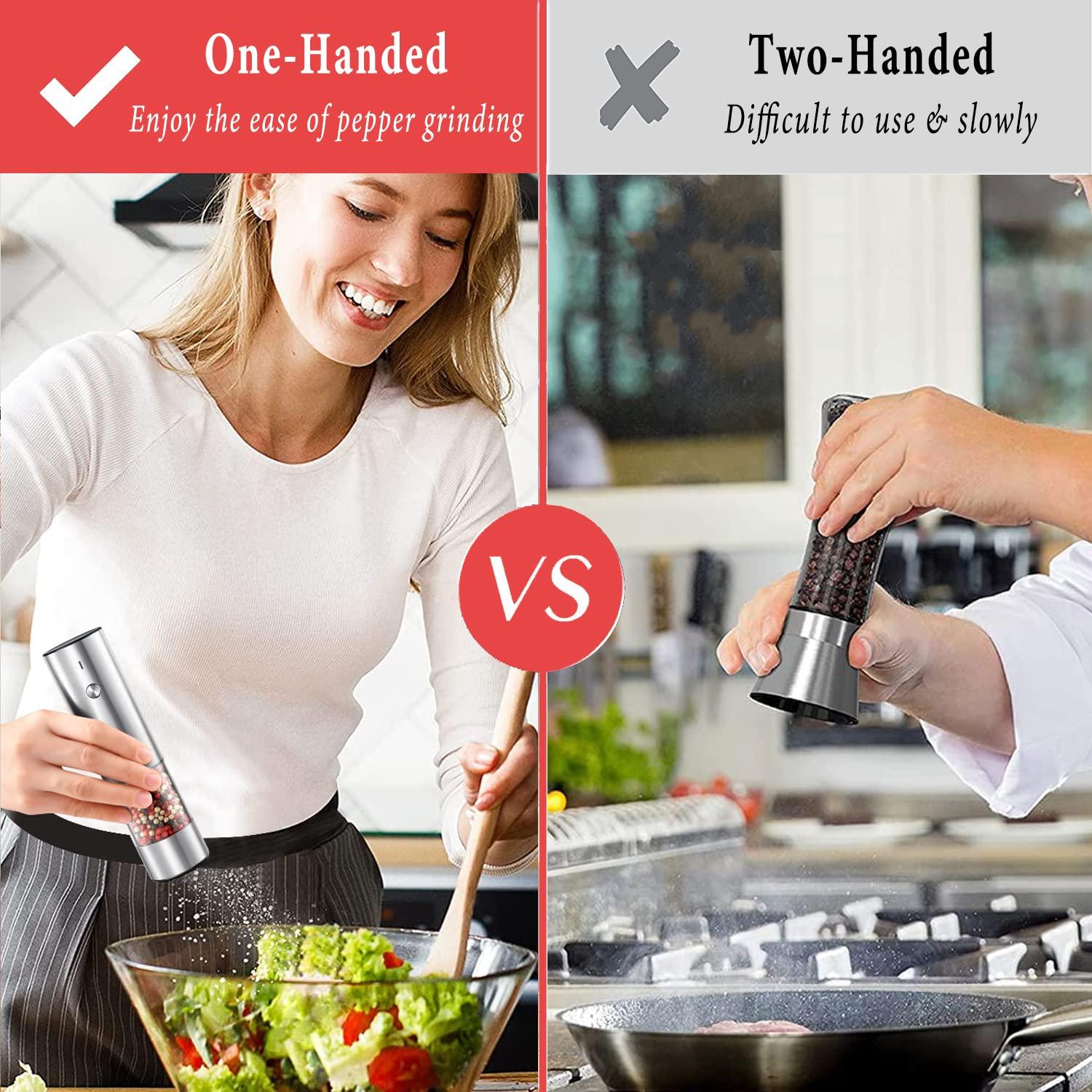 Rechargeable Electric Salt and Pepper Grinder Set with Holder - Nicely Packaged Giftable - No Battery Needed - Automatic Pepper Mill & Adjustable Coarseness & LED Light Refillable - Stainless Steel - Image 5
