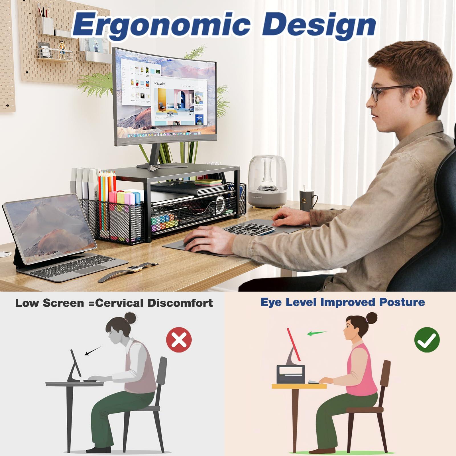 OPNICE Desk Organizer and Accessories, 2-Tier Computer Monitor Stand Riser with Drawer and 2 Pen Holders, Office Desk Accessories for Office Supplies, Black - Image 4