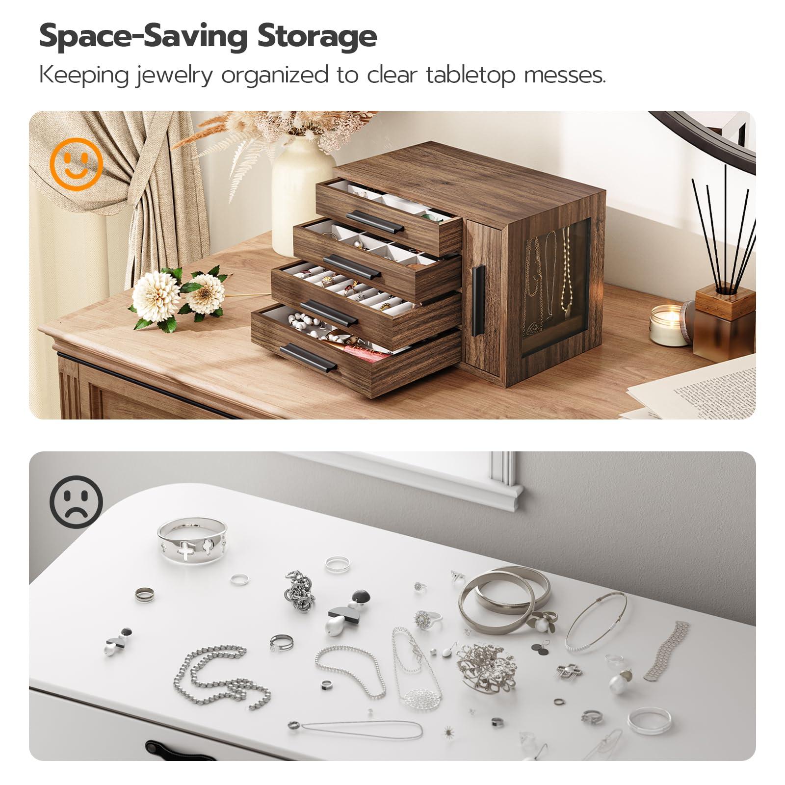 HOOBRO Jewelry Box for Women, Wooden Jewelry Organizer with Transparent Window, 4-Layer Jewelry Organizer Box, Jewelry Holder Organizer for Earrings, Necklaces, Rings, Walnut and Black BH09JB04 - Image 8