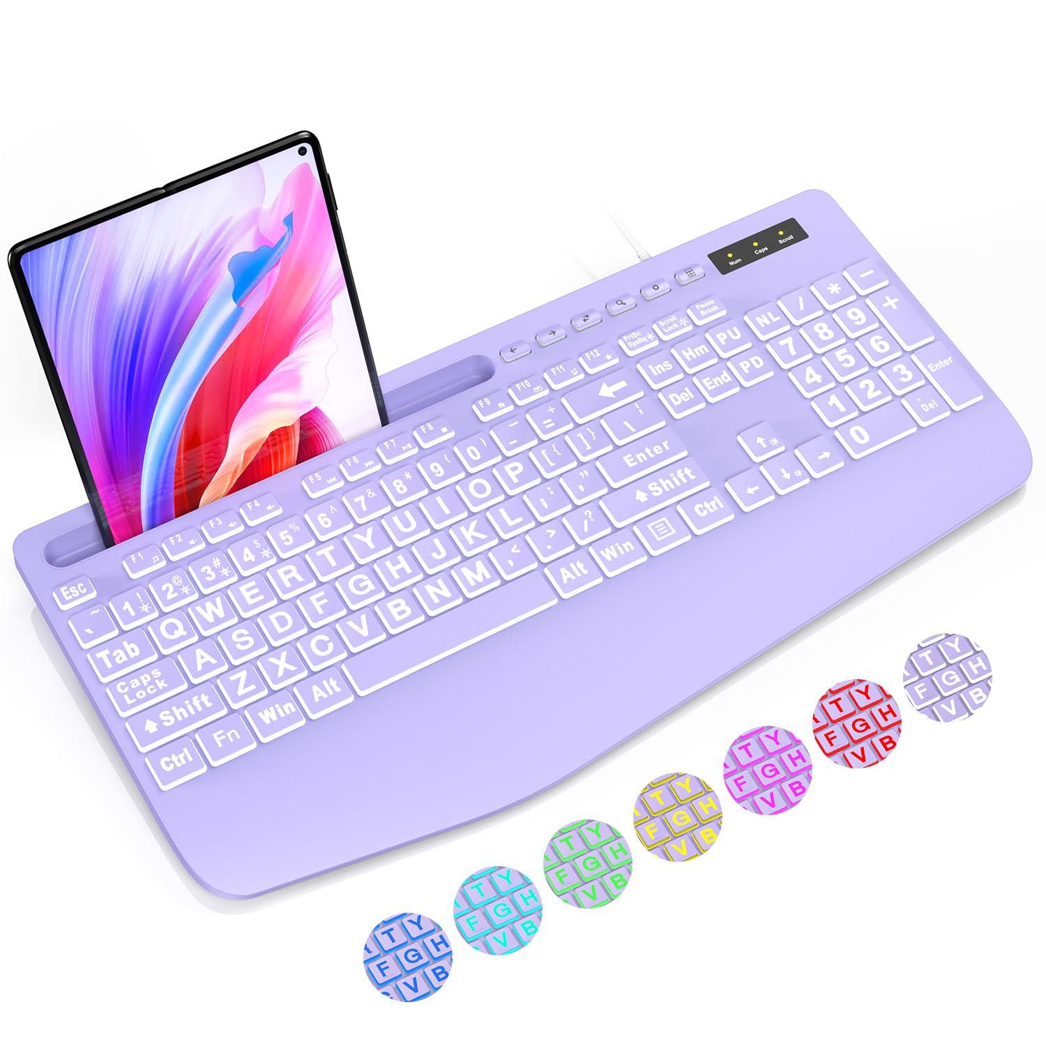 SABLUTE Large Print Backlit Computer Keyboards, Wired Lighted USB Keyboards with 7-Color Backlit, Wrist Rest, Phone Holder, Easy to Read and Type for Laptop, PC, Windows, Desktop (Purple)