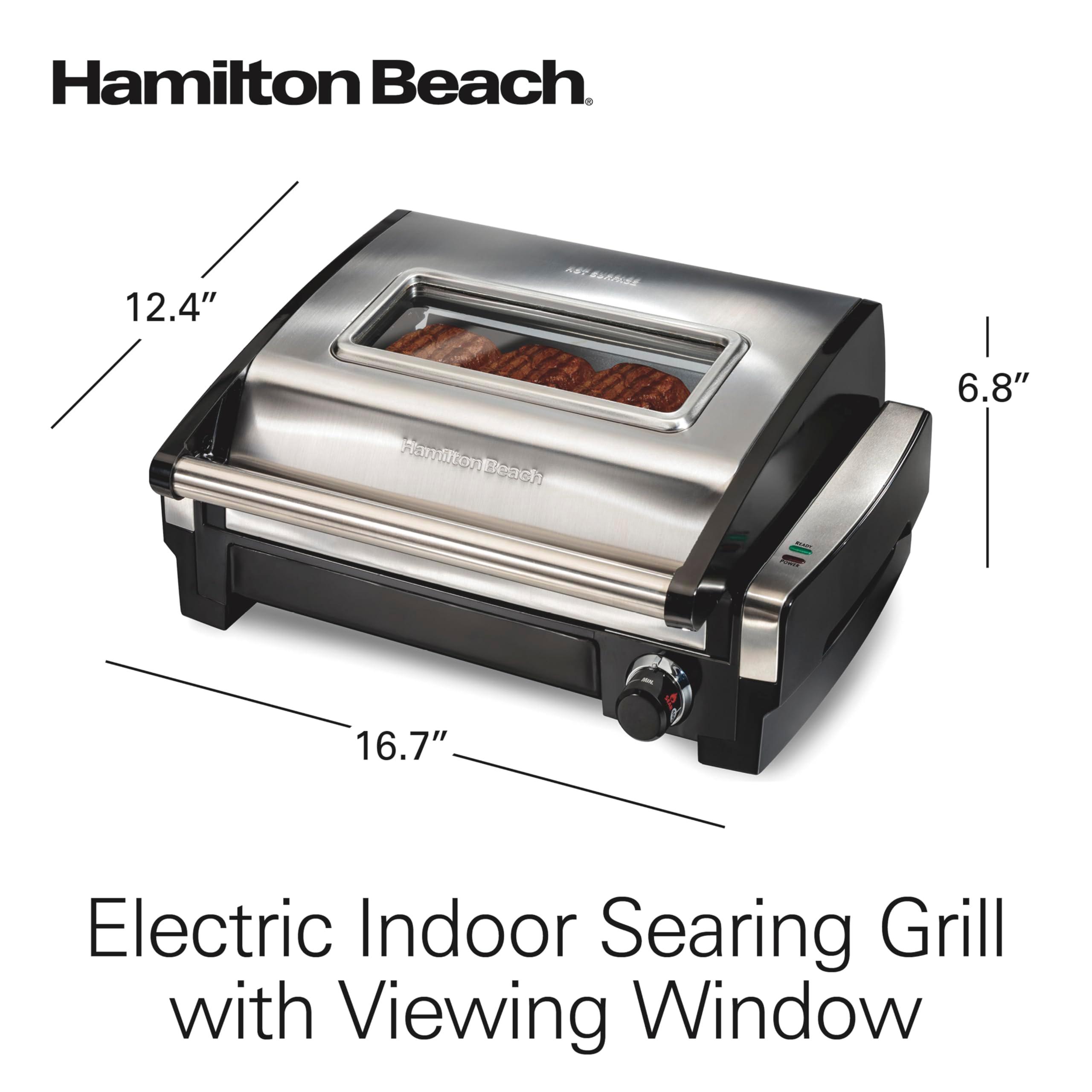 Hamilton Beach Electric Indoor Searing Grill with Viewing Window & Adjustable Temperature Control to 450F, 118 sq. in. Surface Serves 6, PFAS-Free Removable Nonstick Grate, Stainless Steel - Image 2