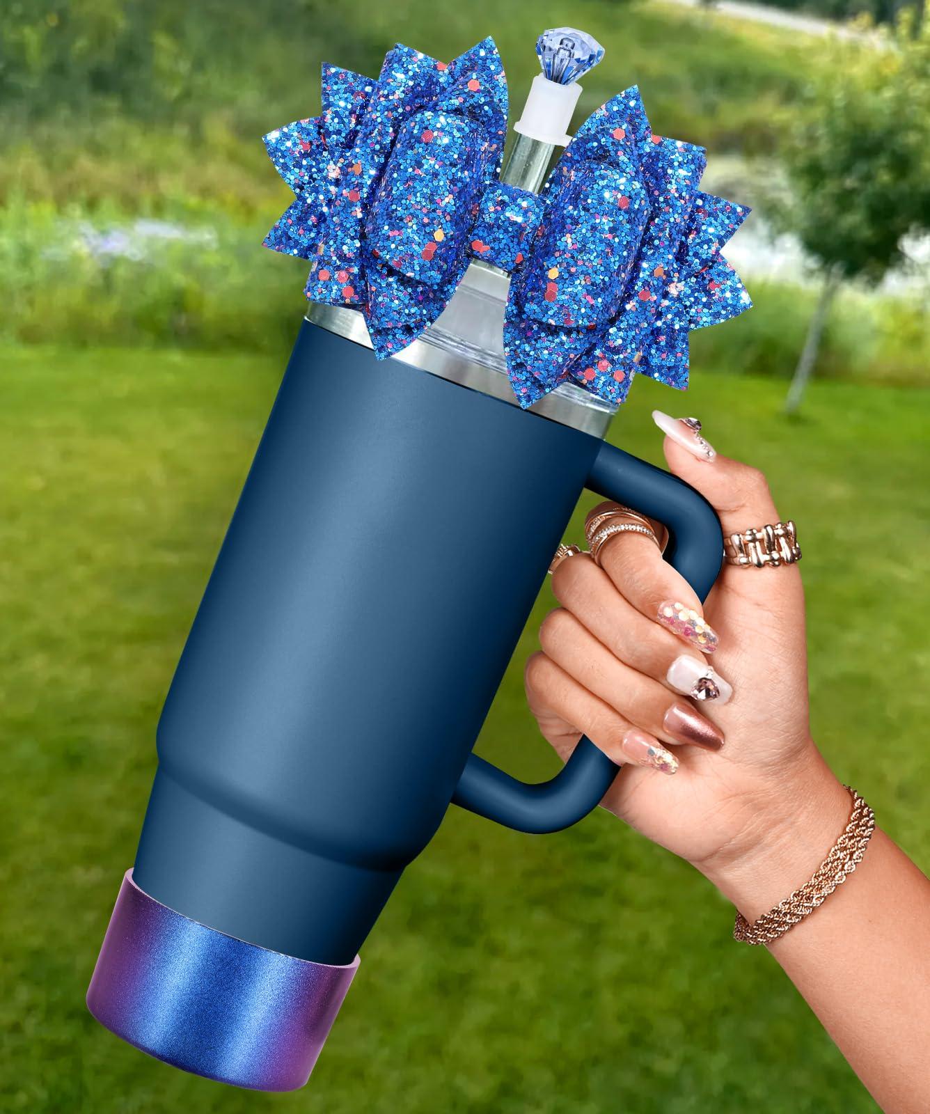 Toykee Bow Straw Topper with Cup Bootfor Stanley 40 30 oz - Bling Bow and Diamond Cover Caps with Bottom Protector 3 PCS Sets for Tumbler Accessories