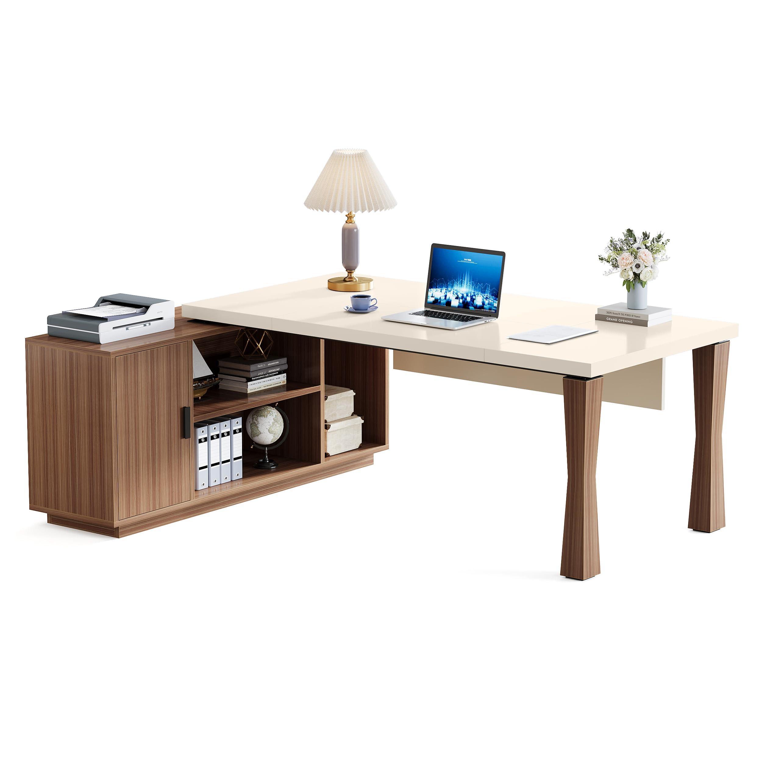Tribesigns 78.7-Inch Executive Desk, L-Shaped Desk with Cabinet, Large Office Desk with Storage Shelves, Writing Table Business Furniture Set for Home Office, Cream White Walnut - Image 9
