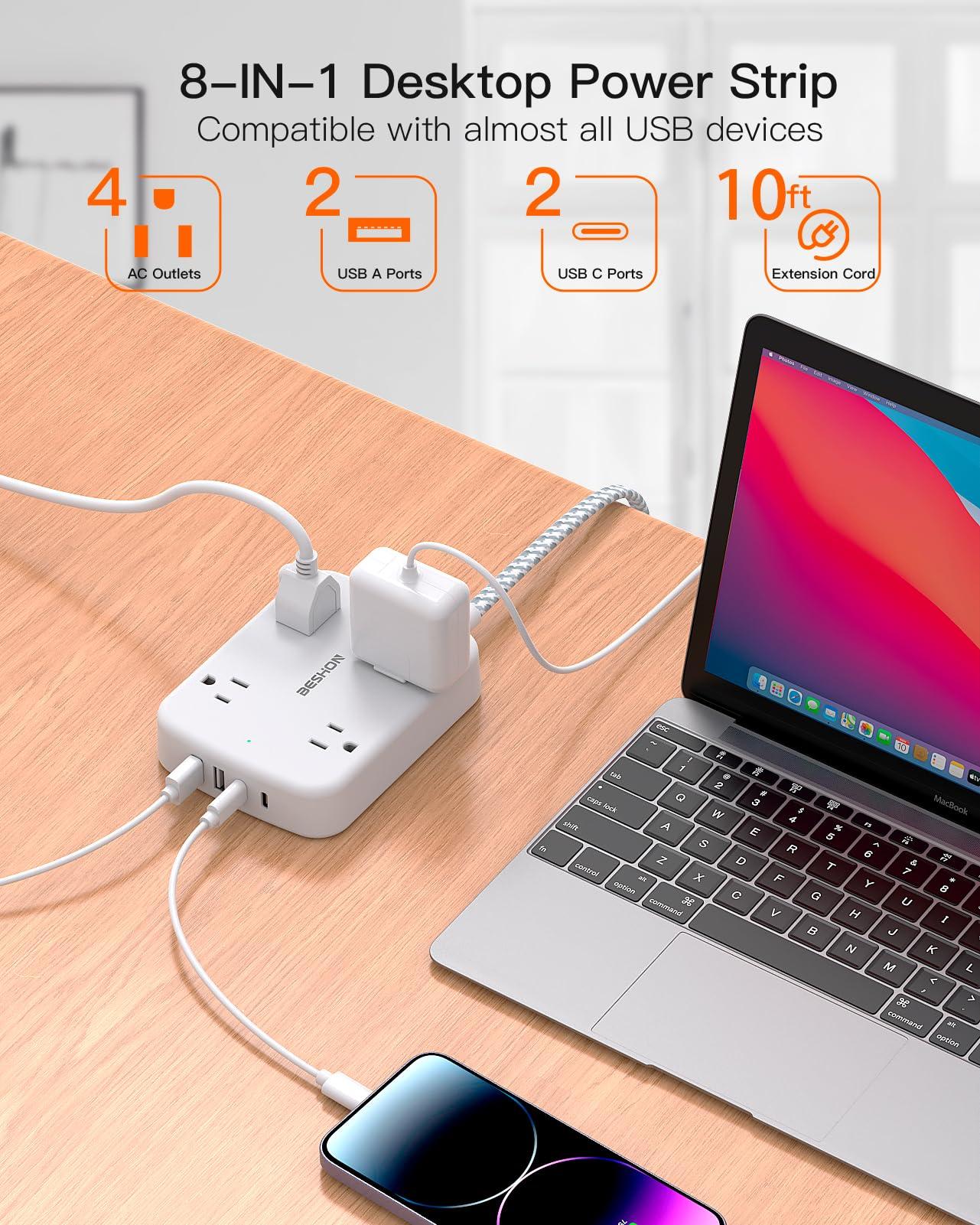 10FT Surge Protector Power Strip, Flat Extension Cord with 2 USB C, Flat Plug Power Strip, 4 Widely Outlets and 4 USB Charging Ports, Outlet Extender, 900 Joules, for Home Office Dorm Room Essentials - Image 2