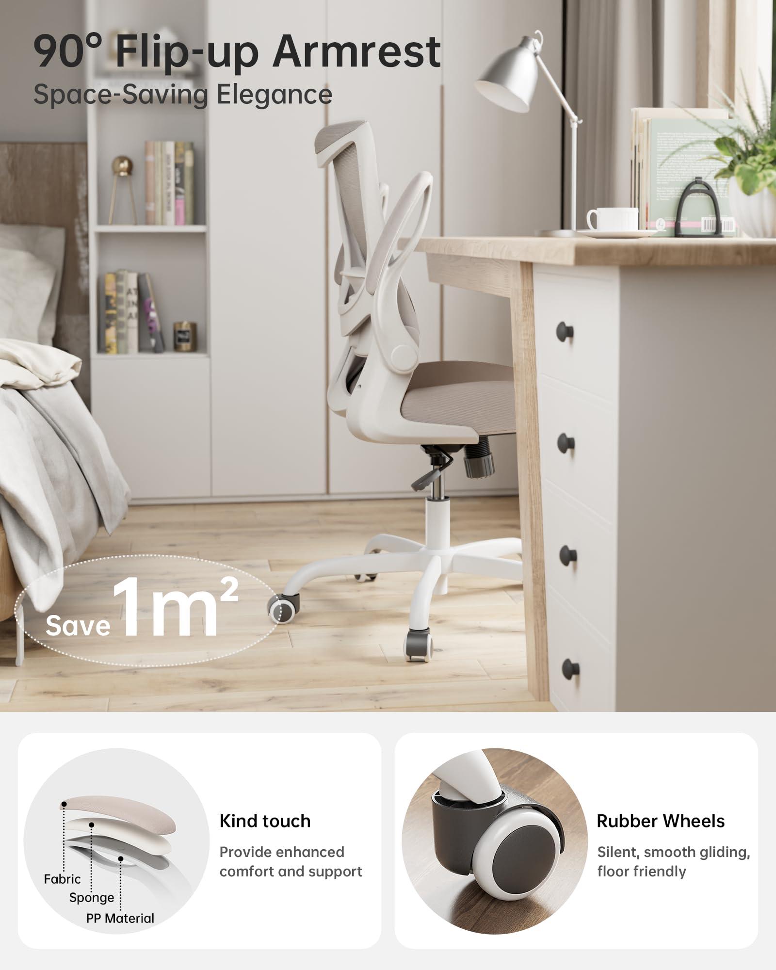 MUXX.STIL Office Chair, Ergonomic Desk Chair with Adjustable Lumbar Support and Flip up Armrest, Breathable Mesh Computer Chair for Home Office, Khaki - Image 3