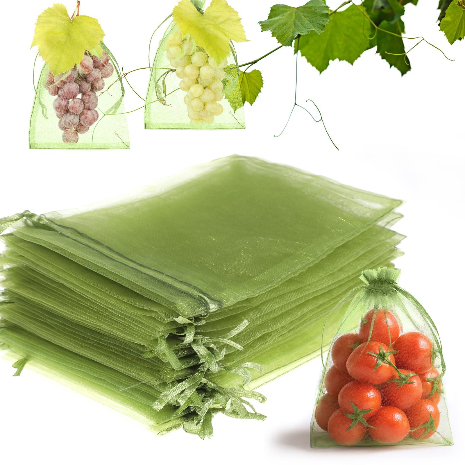 100 PCS Green Fruit Protection Bags, 4 × 6 Inch Small Drawstring Mesh Bags, Reusable Netting Fruit Protection Bags for Fruit Trees, Green Bag for Fruits Vegetables Plant