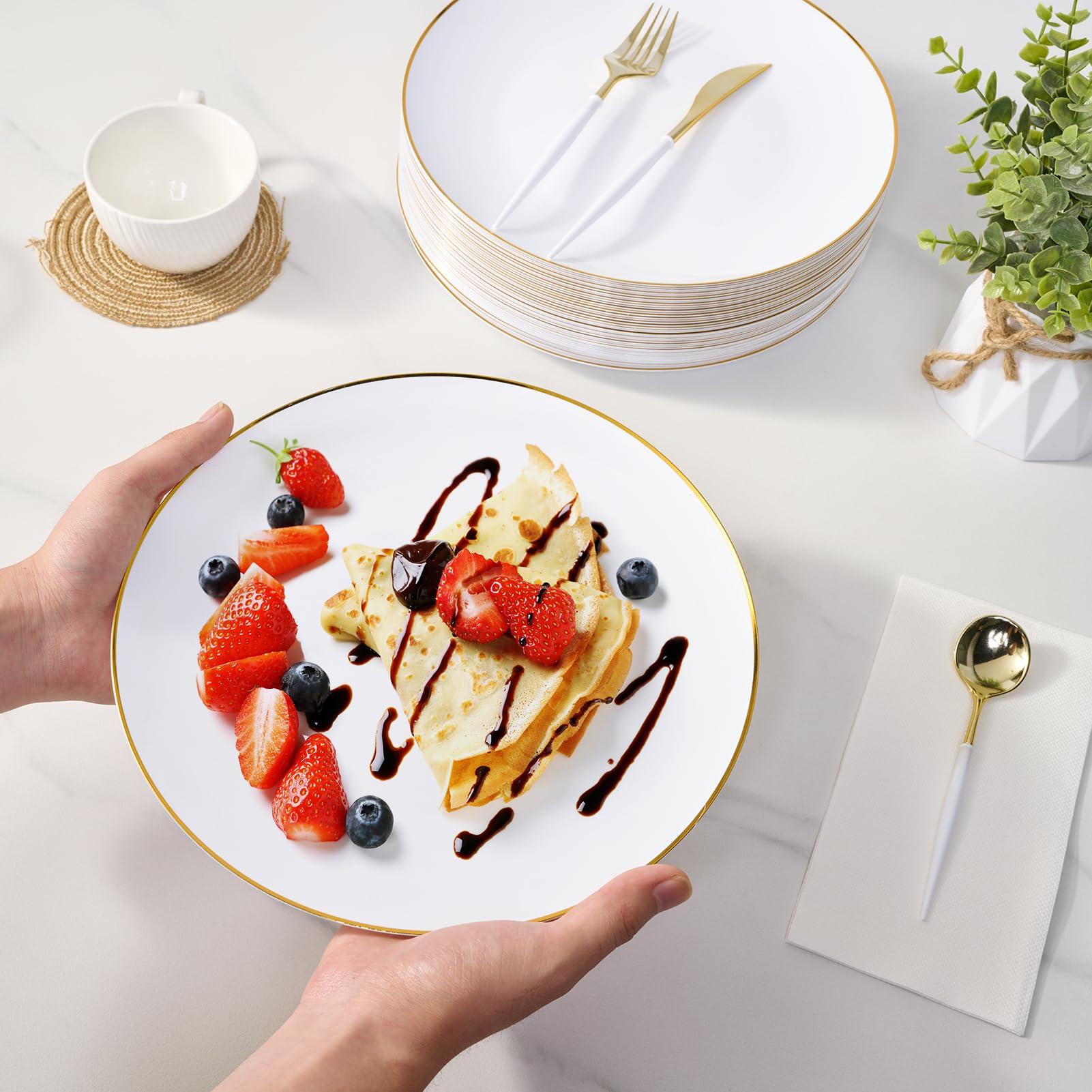 FOCUSLINE 100 Count Gold Plastic Plates 10.25 Inch, Disposable Heavy Duty Dinner Plates, Premium Hard Plastic Plate Fancy Disposable White Plate with Gold Rim - Image 6