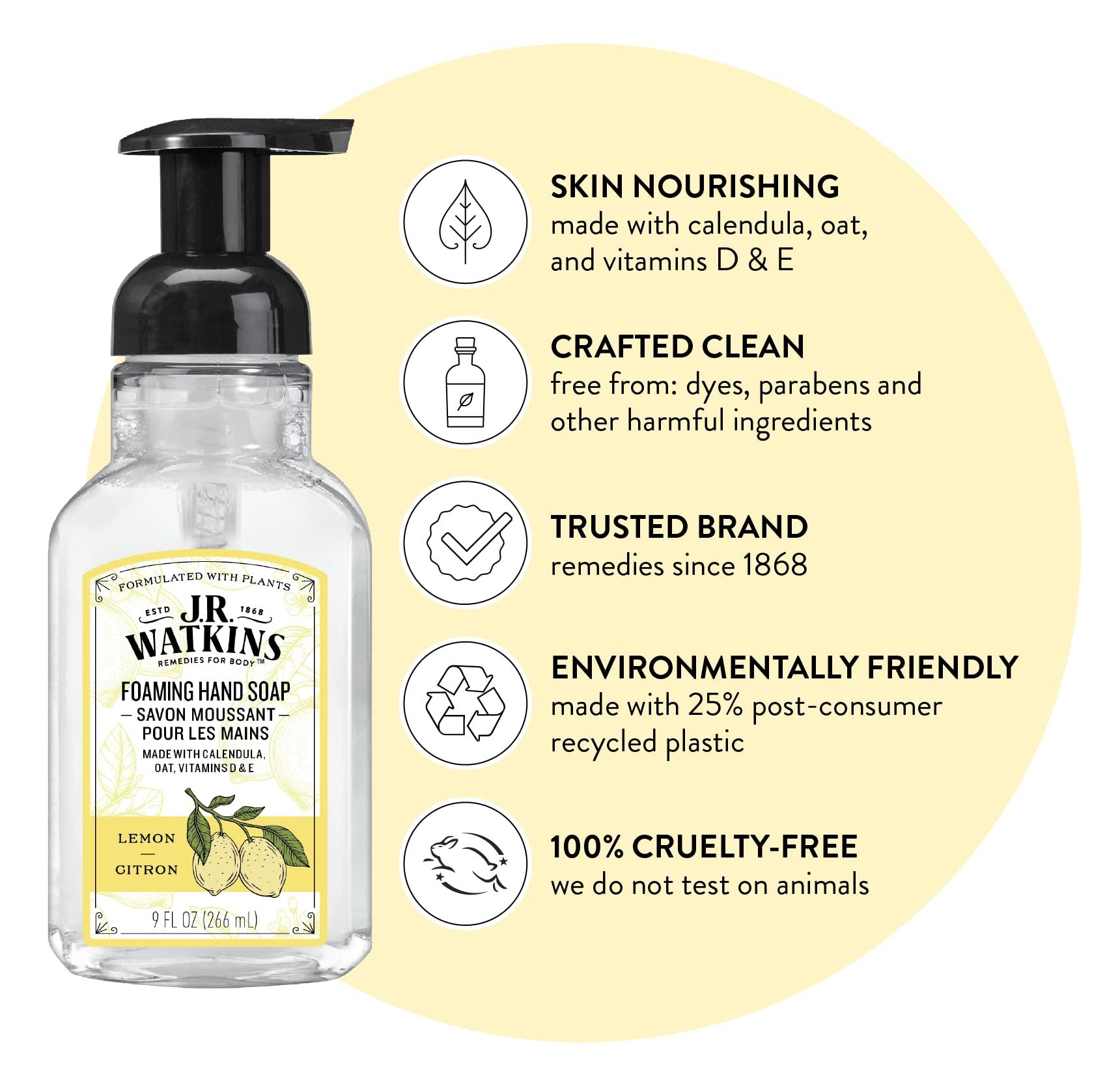 J.R. Watkins Foaming Hand Soap with Pump Dispenser, Moisturizing Foam Hand Wash, All Natural, Alcohol-Free, Cruelty-Free, USA Made, Lemon, 9 fl oz, 3 Pack - Image 2