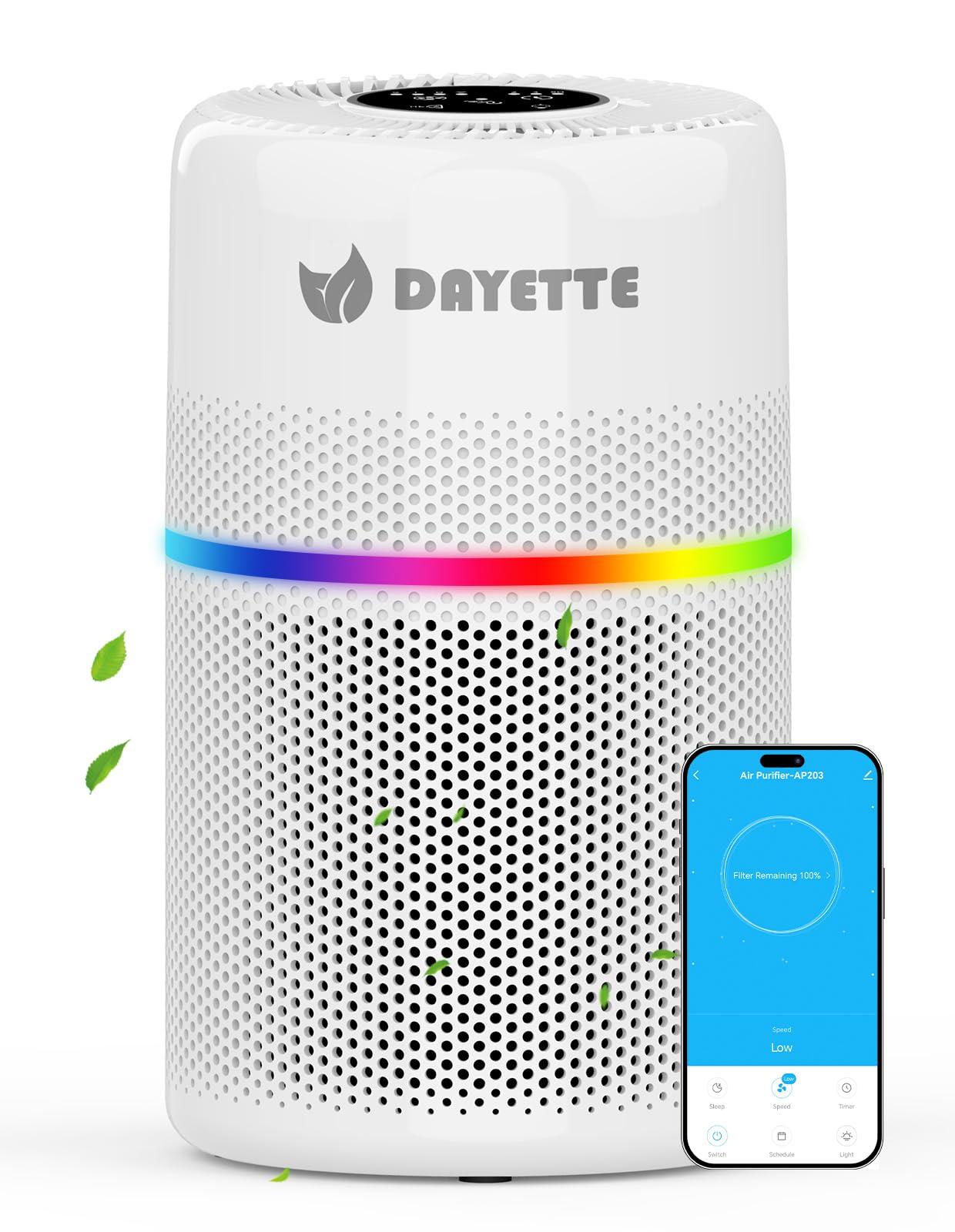 Smart Air Purifiers for Bedroom, DAYETTE 7 Color Light H13 Air Purifier for Home Large Room Up to 1500 Ft², APP Control & 20 dB Sleep Mode 2/4/8 Timer