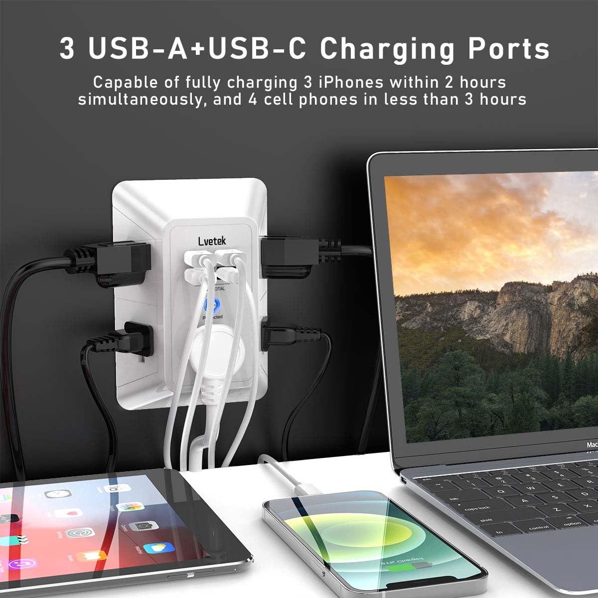 Lvetek 5 Outlet Extender Multi Plug Wall Outlets with 4 USB Charging Ports (1 USB C Outlet), 3 Sided 1680J Surge Protector Power Strip USB Wall Charger for Home, Office, Travel, ETL Listed, White - Image 2