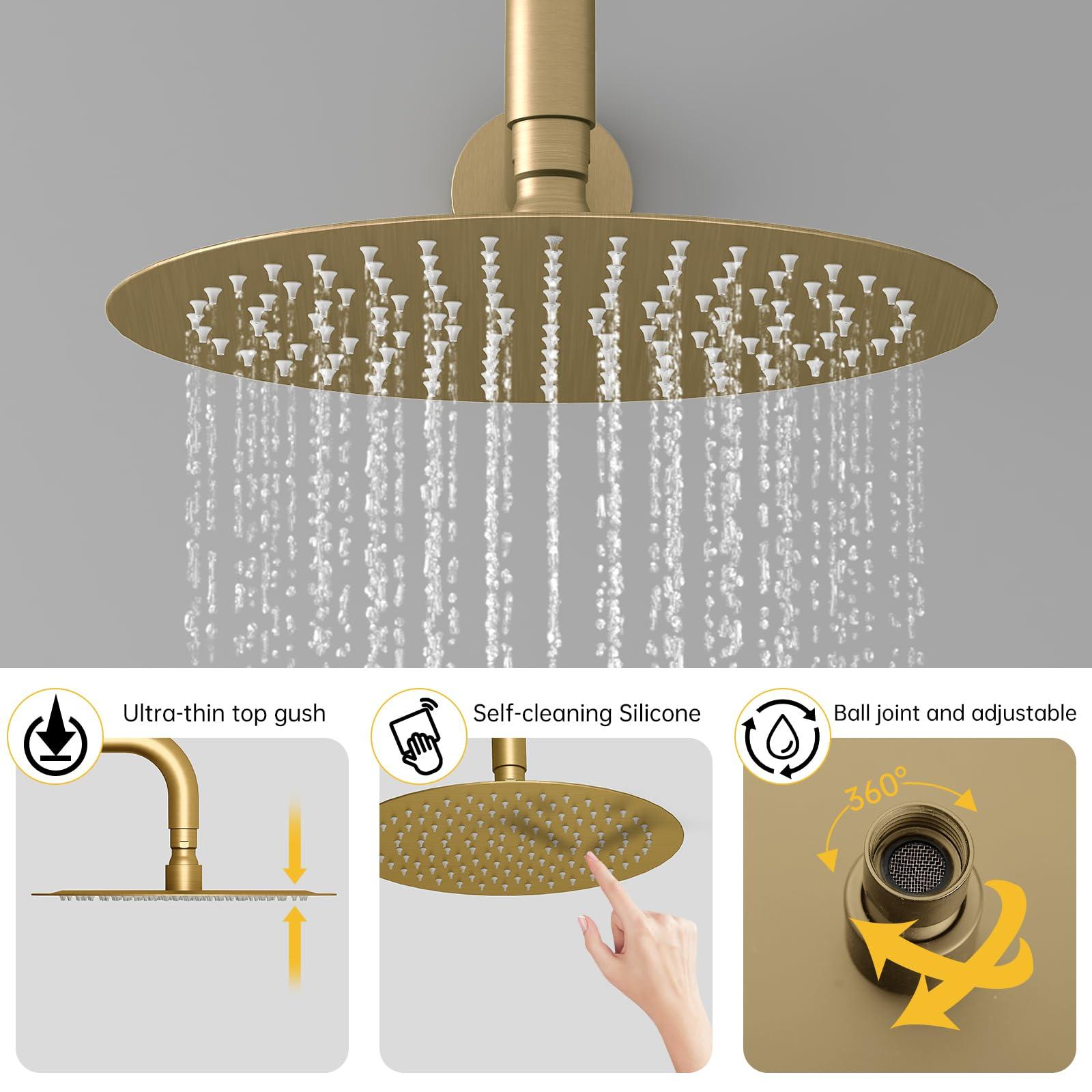 BESy Shower System with 10 Inch Round Rain Shower Head and Handheld Wall Mounted, High Pressure Rainfall Shower Faucet Fixture Combo Set with 2 in 1 Handheld Showerhead for Bathroom, Brushed Gold - Image 5