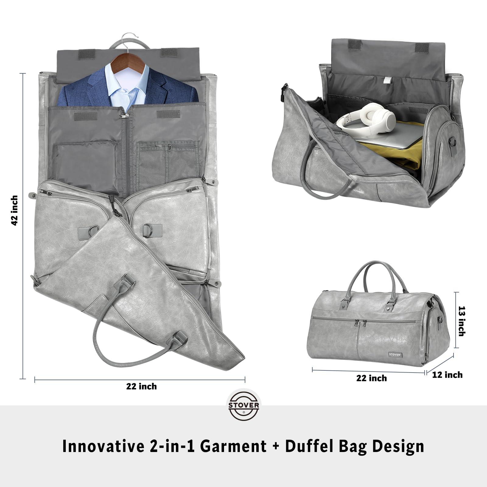 STOVER Garment Travel Duffle Bag, Large 2-in-1 Convertible Carry-on Luggage for Men & Women- Hanging Suits, Dresses & Clothes + Shoe Compartment- Weekender Tote Combo Duffel (Grey Leatherette) - Image 2