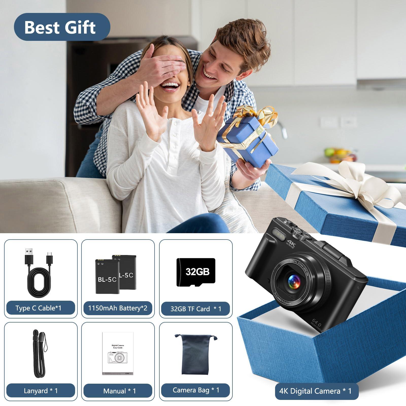 Digital Camera for Photography, 4K Vlogging Camera for YouTube 3" 180° Flip Screen 18X Digital Zoom Compact Retro Cameras with 32GB TF Card & 2 Batteries, Black - Image 8