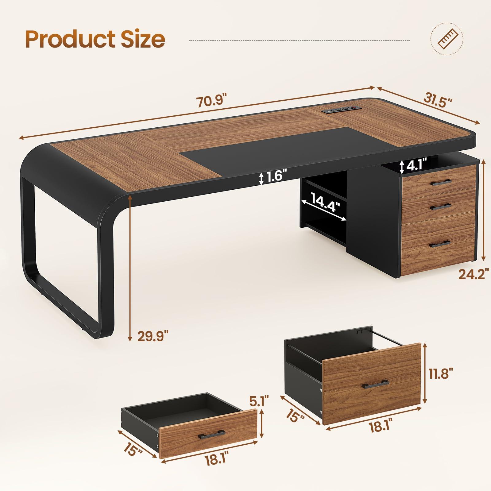 Itaar 70.9" Executive Desk, Large Computer Desk with Drawers and Lateral File Cabinet, Office Desk with Removable Shelves, Business Furniture Desk Workstation for Home Office, Walnut - Image 2