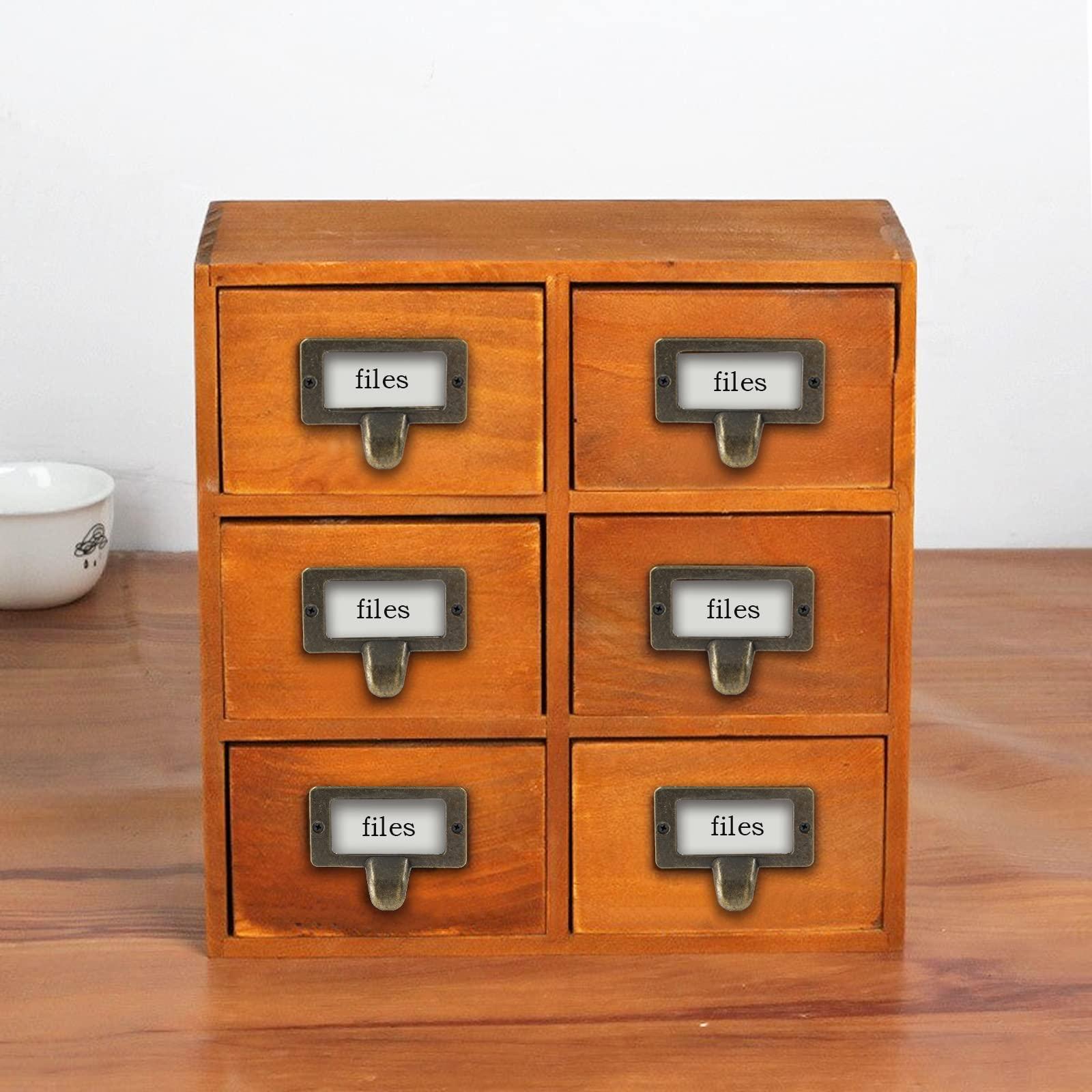 Auvotuis 10Pcs Frame Tag Label Holder Office Library File Drawer Tag, Metal Vintage Cabinet Label Card Pull Handles with Screws for Furniture (Bronze, 2.3 x 1.8 Inch) - Image 2
