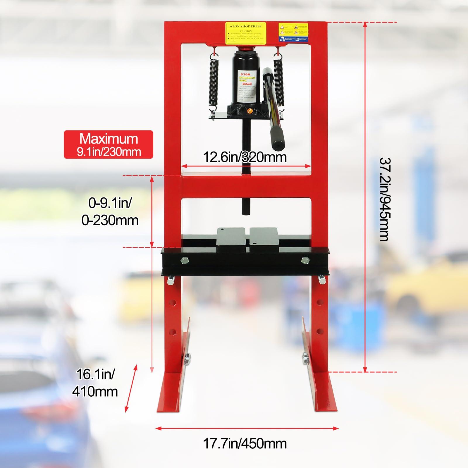 6 Ton Hydraulic Press - Adjustable Height H-Frame Heavy-Duty Shop Press with Press Plates | Benchtop & Floor Hydraulic Press for Gears, Bearings, and Metalworking | Easy to Operate, Red - Image 3