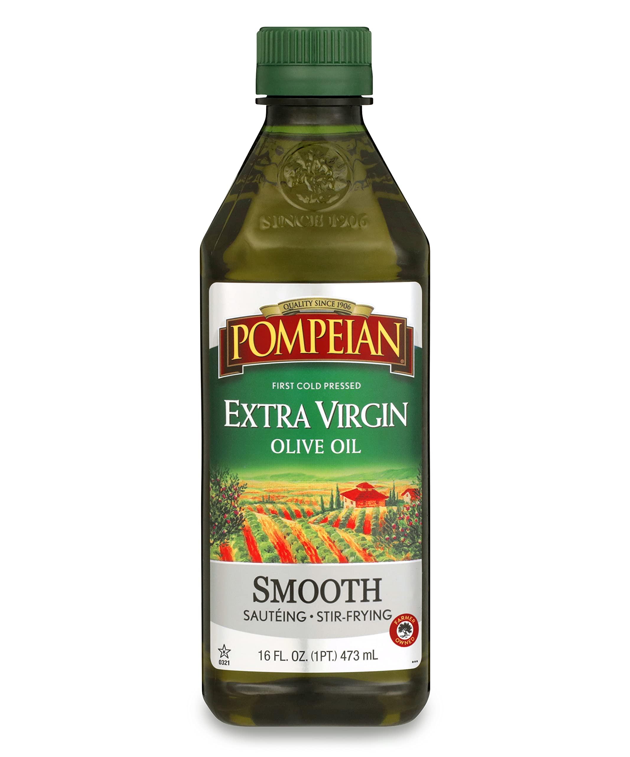 Pompeian Smooth Extra Virgin Olive Oil, Contains Polyphenols, First Cold Pressed, Mild and Delicate Flavor, Perfect for Sauteing & Stir-Frying, Naturally Gluten-Free, Non-GMO, 16 FL Oz, Single Bottle