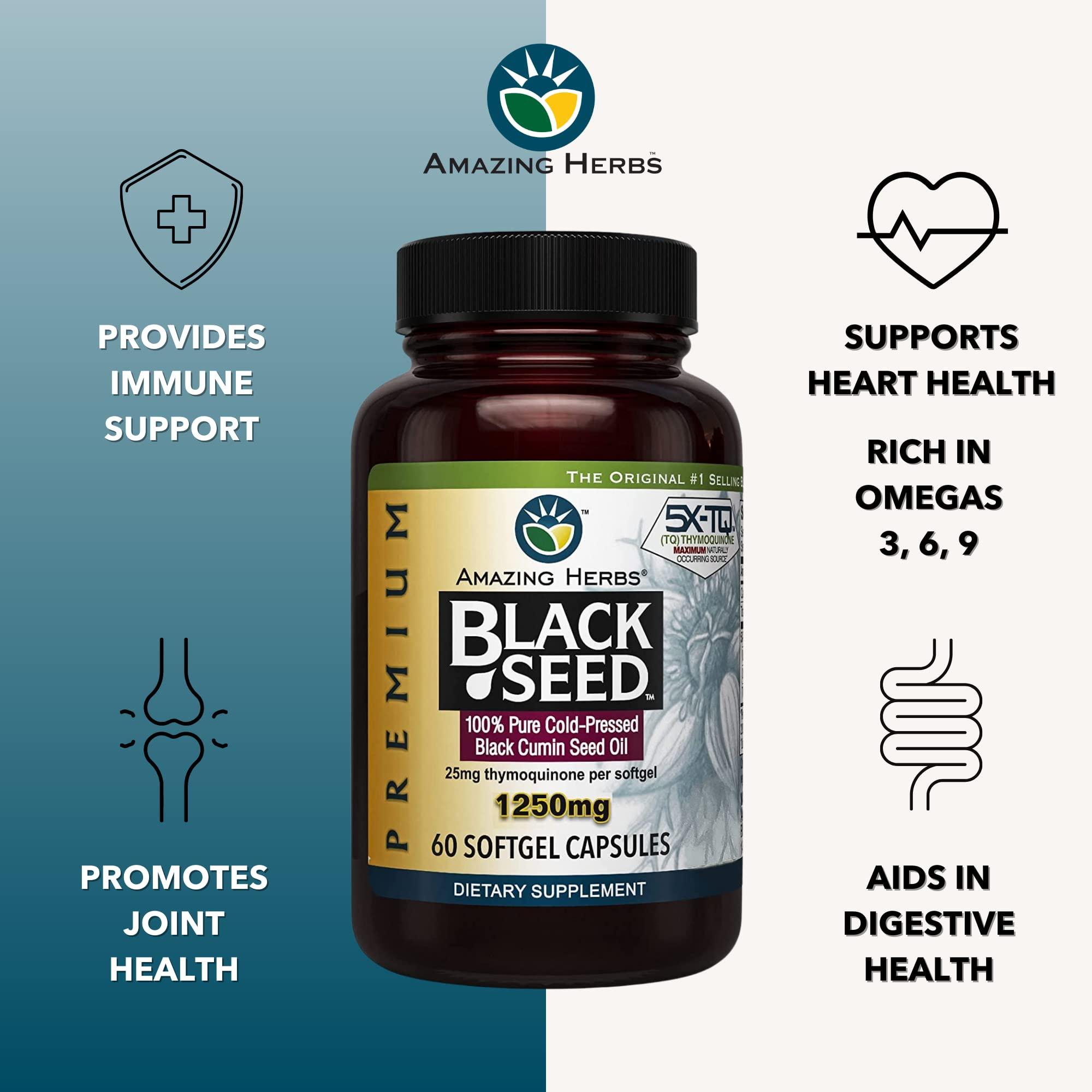 Amazing Herbs Premium Black Seed Oil Capsules - High Potency, Cold Pressed Nigella Sativa Aids in Digestive Health, Immune Support & Brain Function - 60 Count, 1250mg - Image 5