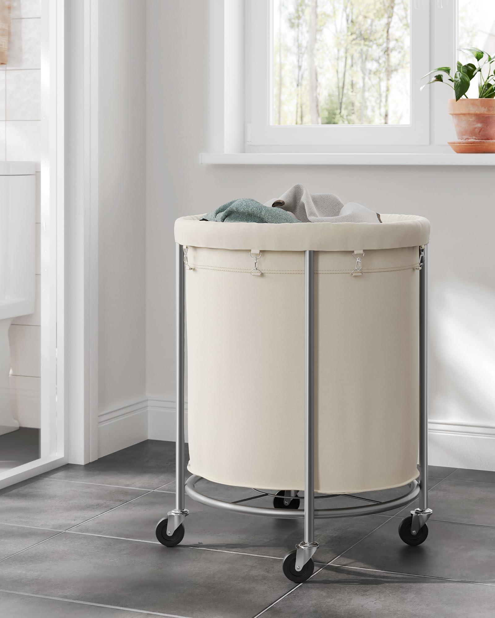SONGMICS Laundry Basket with Wheels, Rolling Laundry Hamper, 45 Gal., Round Laundry Cart with Steel Frame and Removable Bag, 4 Casters and 2 Brakes, Cream and Silver URLS01MZ - Image 9
