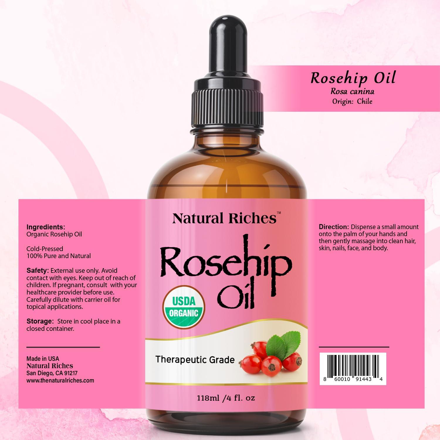 Natural Riches Organic Rosehip Seed Oil for Face 100% Pure Natural Cold Pressed Unrefined Non-GMO Carrier Oil for Skin Hair & Nails. 4 fl oz. - Image 2