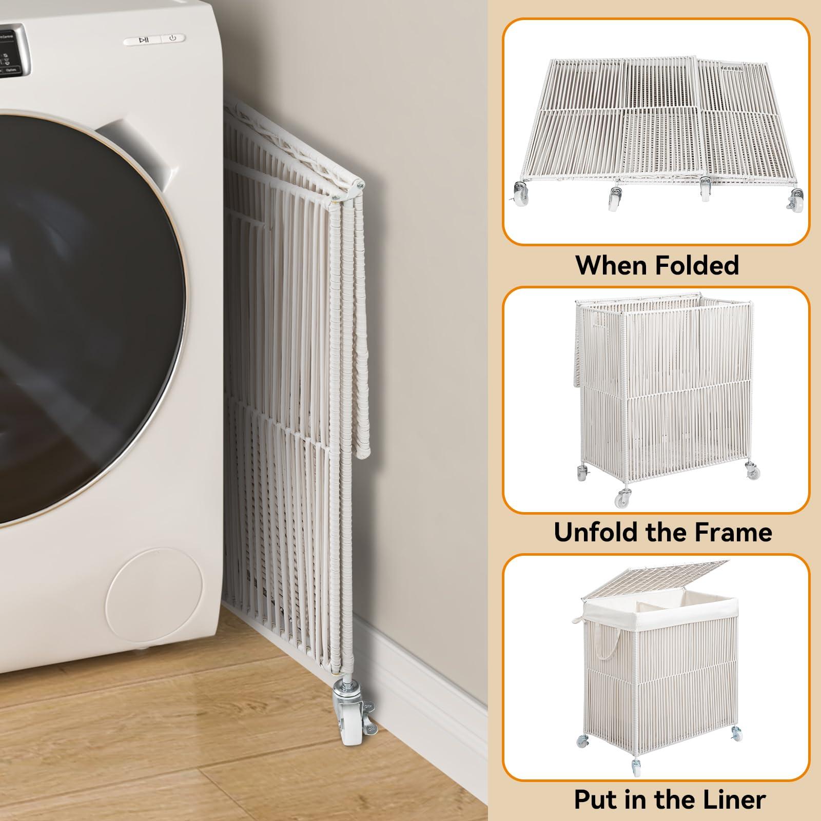 WOWLIVE Laundry Hamper with Wheels, Handwoven Rolling Laundry Basket with Lid, Clothes Hamper with Divided Removable Liner Bag, 115L Large Capacity Laundry Sorter Laundry Room Organization, White - Image 7