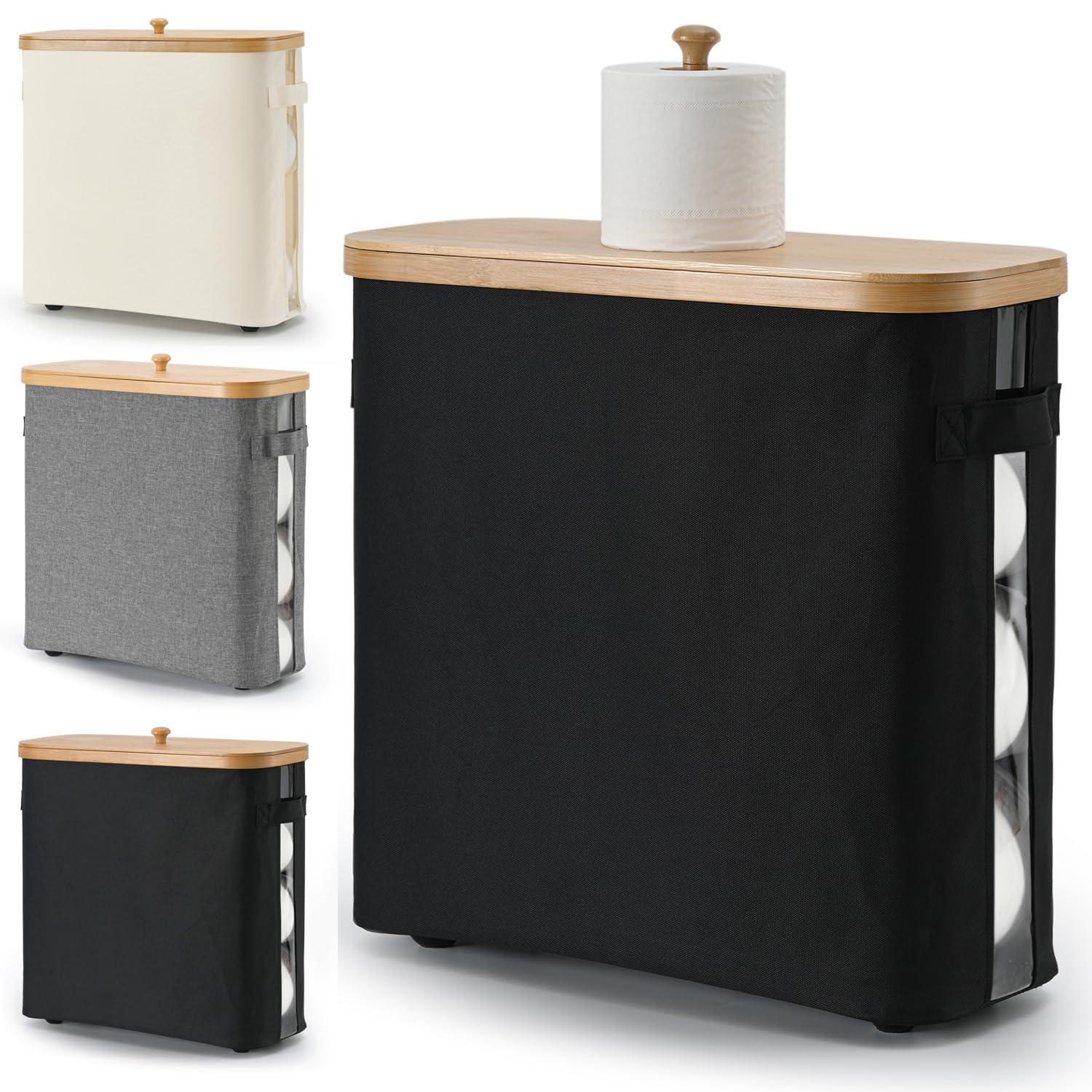 32L Bathroom Toilet Paper Storage Basket with Lid and Handle - Mega Capacity， Bamboo Collapsible Toilet Paper Holder Storage with Non-Slip Bottom, Extra Toilet Roll Storage, Starry Black，1 Pack