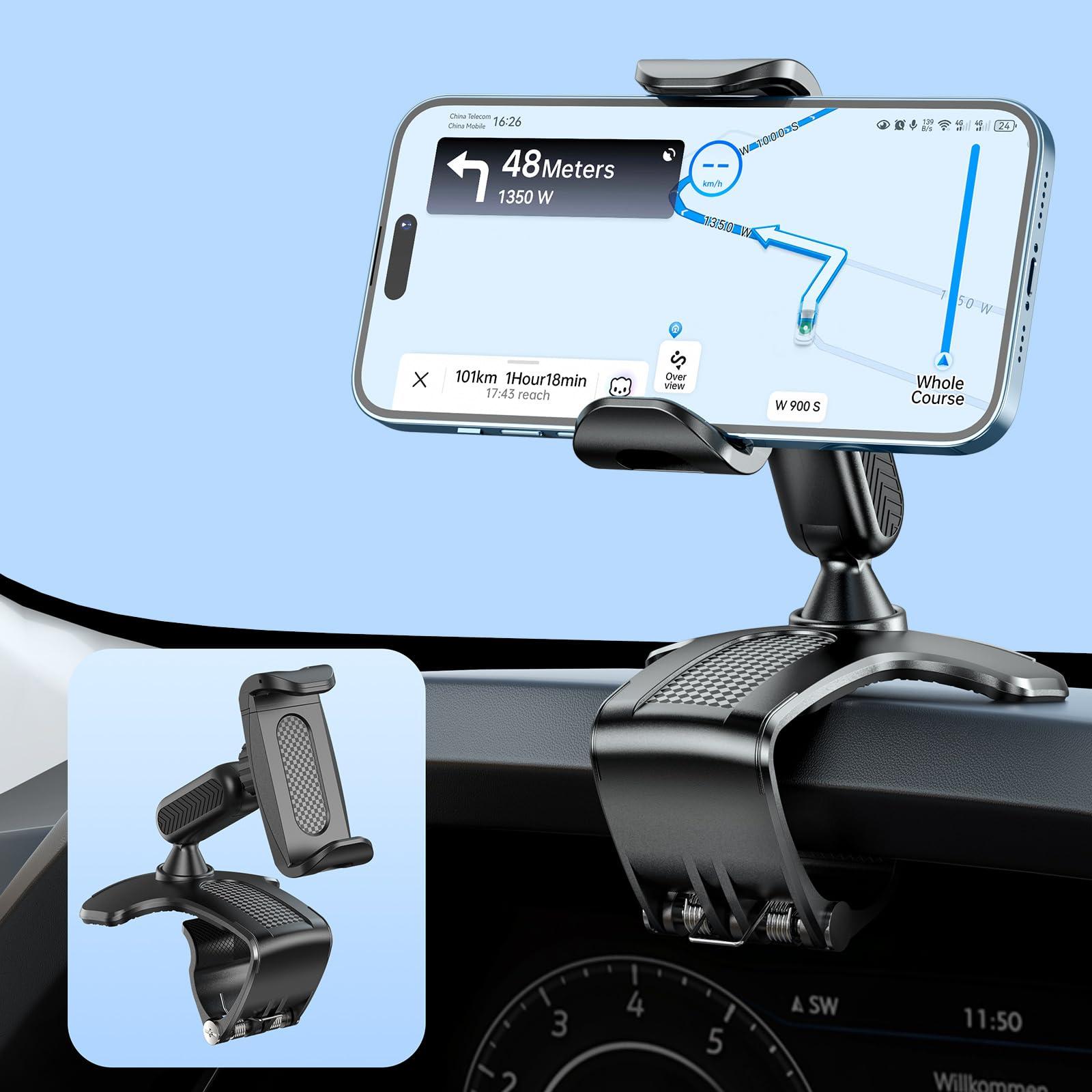NADRQQE Multifunctional Car Dashboard Mobile Phone Holder, 360 Degree Rotation Universal Dash Clip Cellphone Mount for 4-7 inch Smartphones (Black)