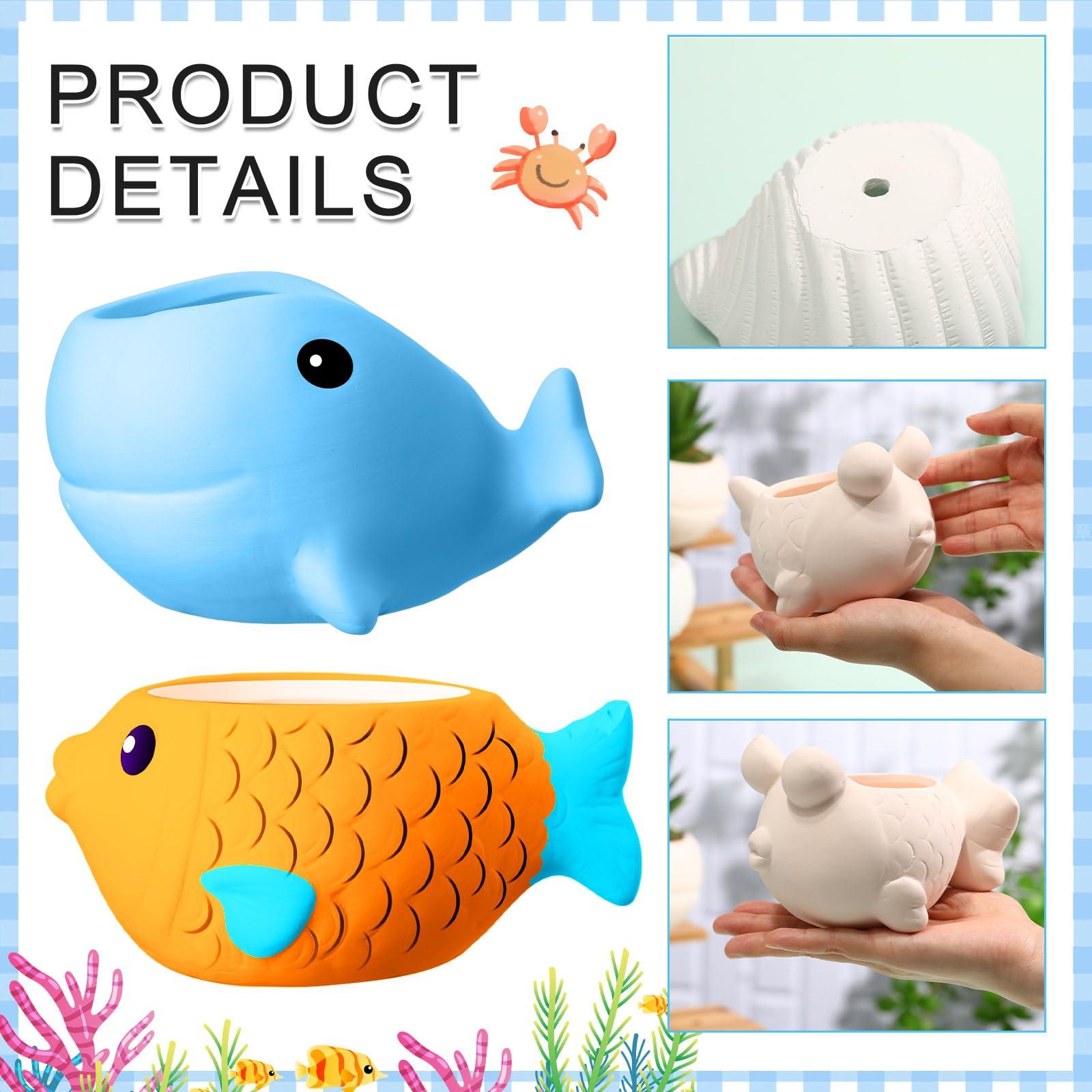 Hushee 12 Sets Ceramic Succulent Planters Paintable Succulent Plant Pots Small DIY Figurines Unpainted Pots with Drainage Hole Color Paints Paintbrushes Palettes(Sea Animals) - Image 4