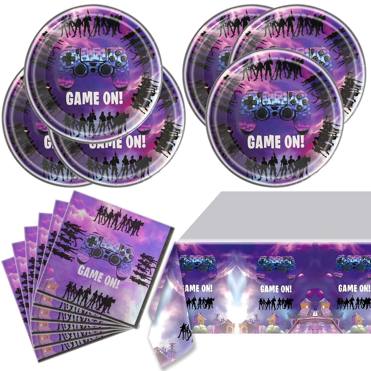 Video Game Party Supplies 20pcs Plates 20pcs Napkins and Tablecover Tableware Set for Purple Games Theme Birthday Party Serve 20
