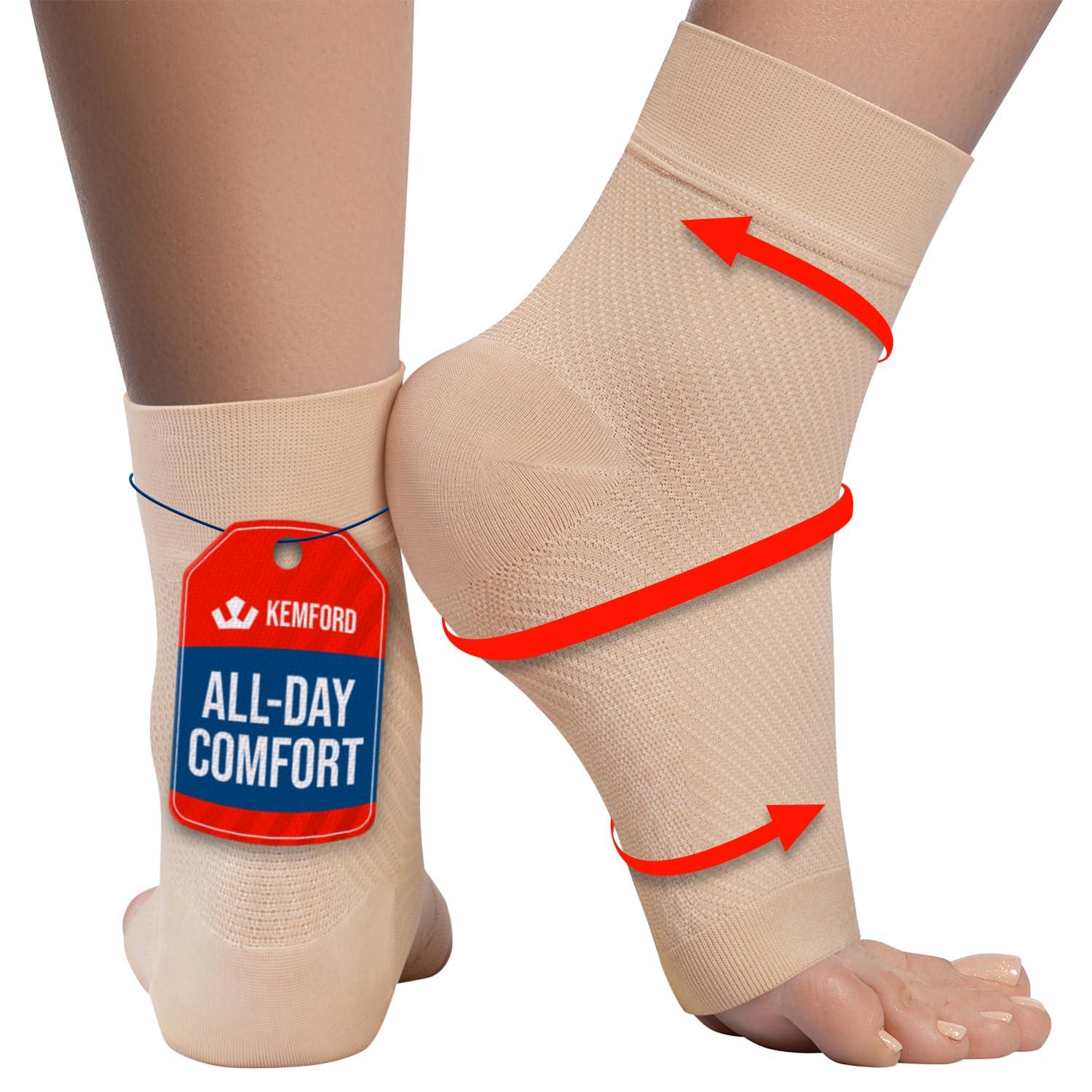 KEMFORD Ankle Compression Sleeve - Plantar Fasciitis Braces - Open Toe Compression Socks for Swelling, Sprain, Neuropathy, Foot Arch Support for Men and Women - 20-30mmhg, L, Beige