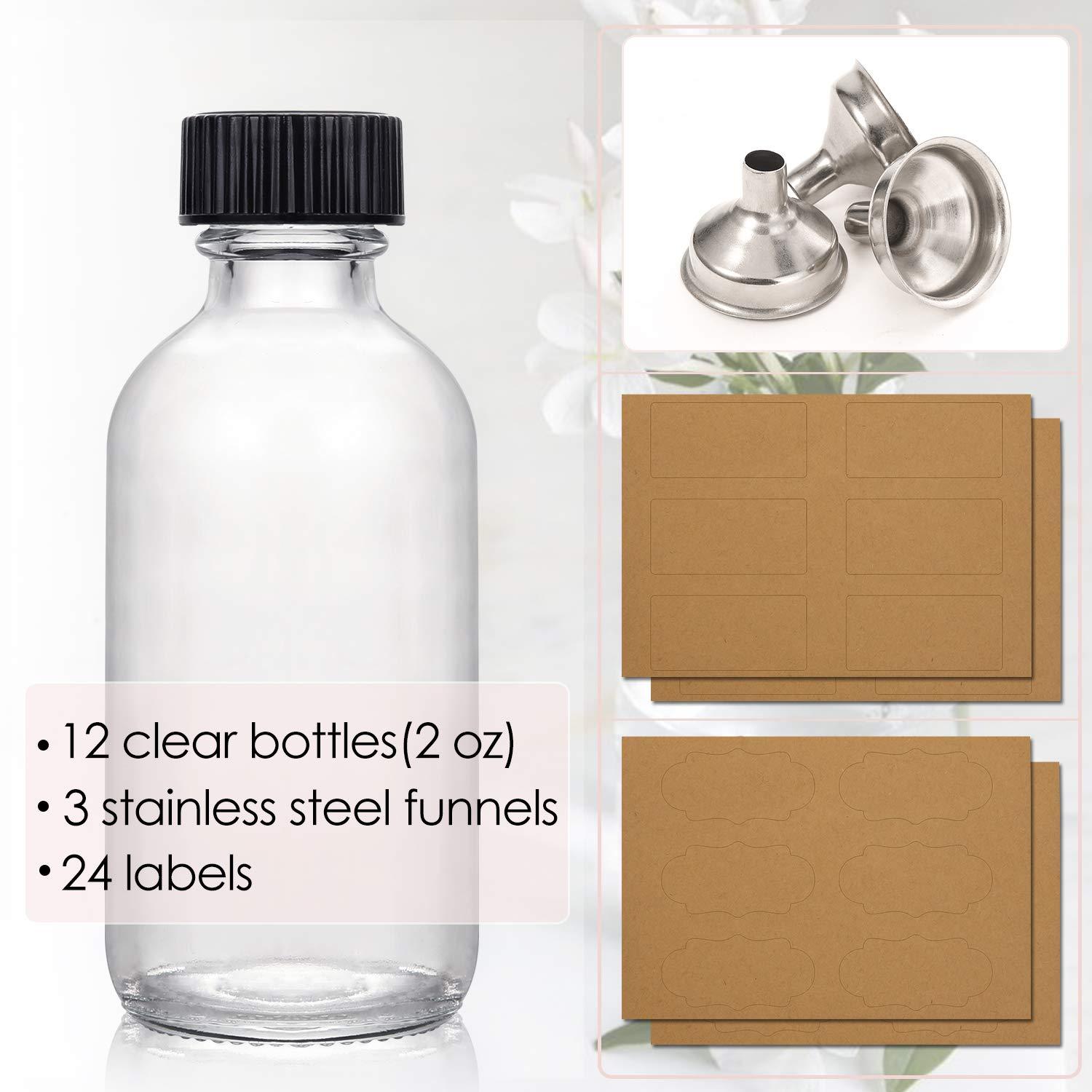 AOZITA 12 Pack, 2 oz Small Clear Glass Bottles w/Lid & 3 Funnels - 60ml Boston Shot Bottles for Health, Immunity, Potion, Wellness, Sample, Ginger, Juice - Mini Personal Care & Beauty Travel Bottle - Image 4