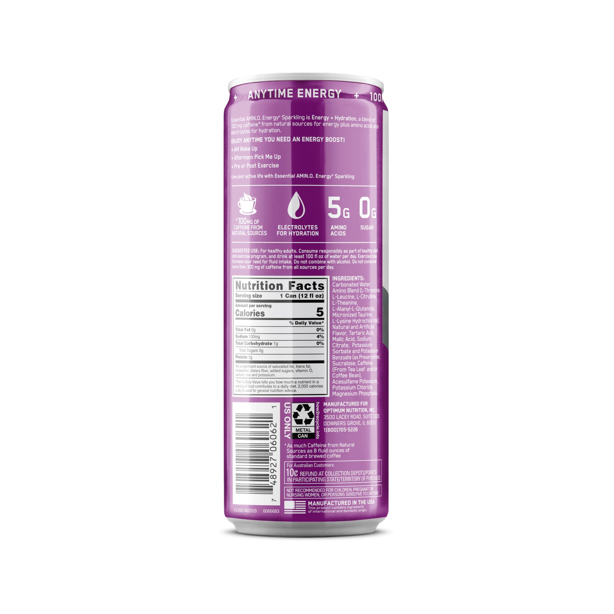 Optimum Nutrition Amino Energy Sparkling Hydration Drink, Electrolytes, Caffeine, Amino Acids, BCAAs, Sugar Free, Grape, 12 Fl Oz, 12 Pack (Packaging May Vary) - Image 9