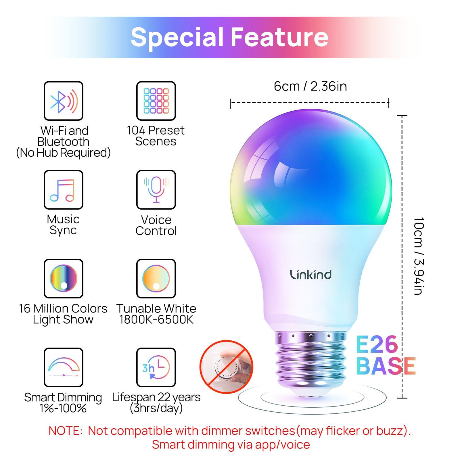 Linkind Smart Light Bulbs, Smart Bulb That Work with Alexa & Google Home, LED Light Bulbs Color Changing, 104 Preset Scene, Music Sync, A19 E26 2.4GHz RGBTW WiFi Bluetooth Light Bulb 60W, 800LM, 4Pack - Image 2