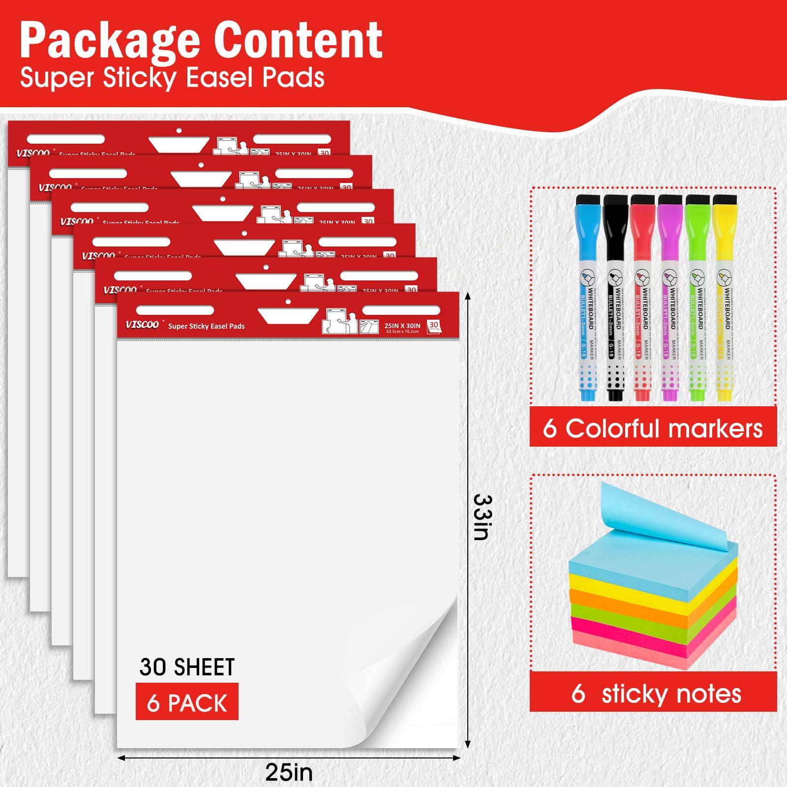VISCOO Thickened Easel Pad 6Pads/180 Sheets, 25 x 30 Inches Flip Chart Paper for Teachers, Large Self Stick Chart Paper for Wall, Office School Classroom with Sticky Note - Image 2
