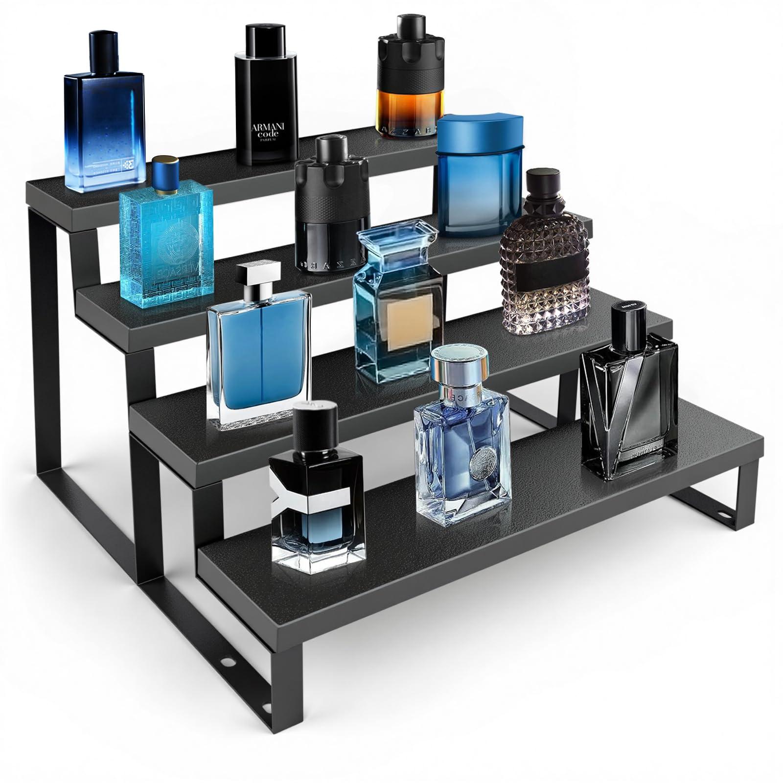 Wood Cologne Organizer for Men,12 Inch 4 Tier Cologne Stand Waterproof Perfume Organizer for Dresser with Anti-Slip Washers,Wooden Display Risers Stand for Party,Makeup,Figures,Cupcake,Perfume,Dessert