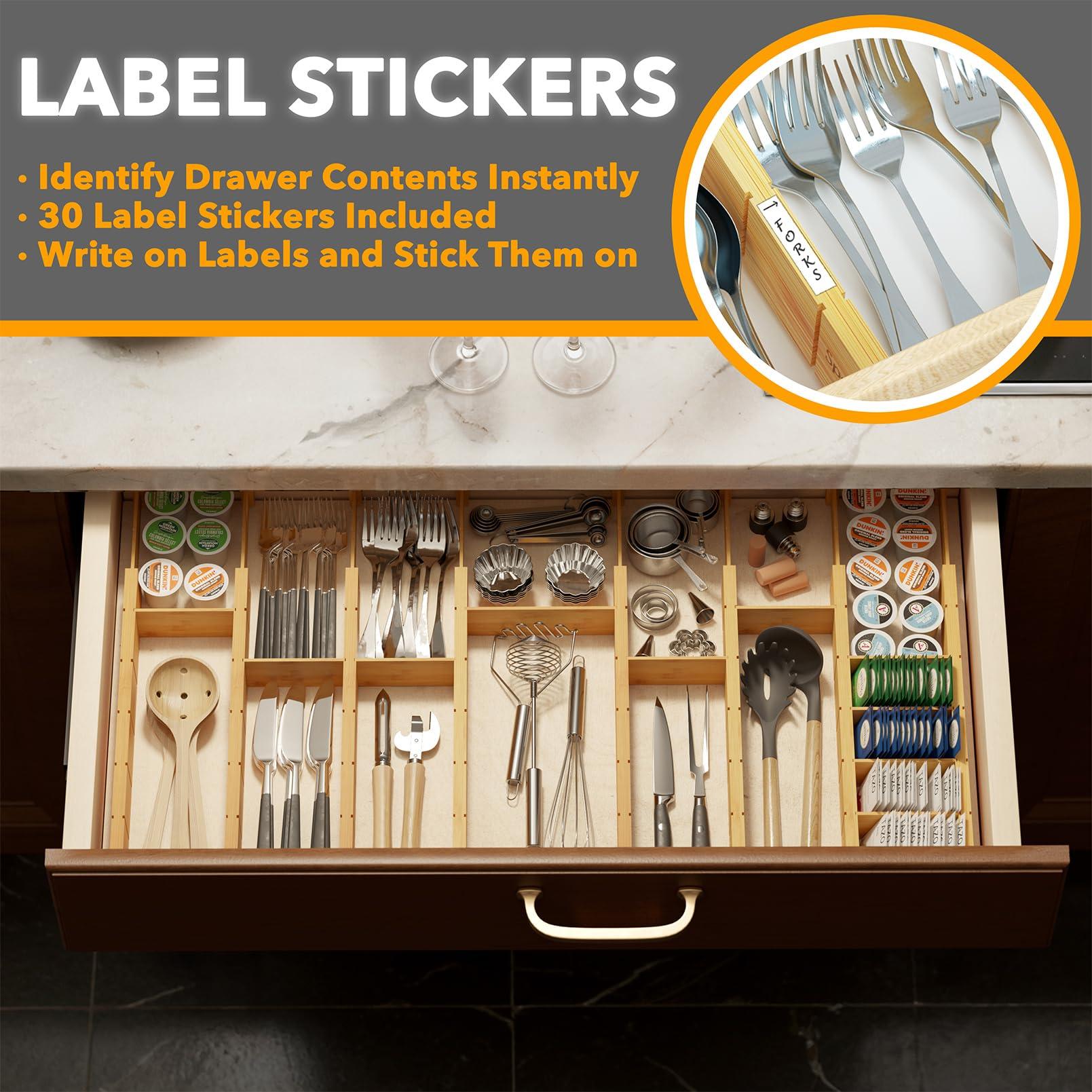 SpaceAid Bamboo Drawer Dividers with Inserts and Labels, Kitchen Adjustable Drawer Organizers, Expandable Organization for Home, Office, Dressers, 10 Dividers with 24 Inserts (17"-22" Natural) - Image 4