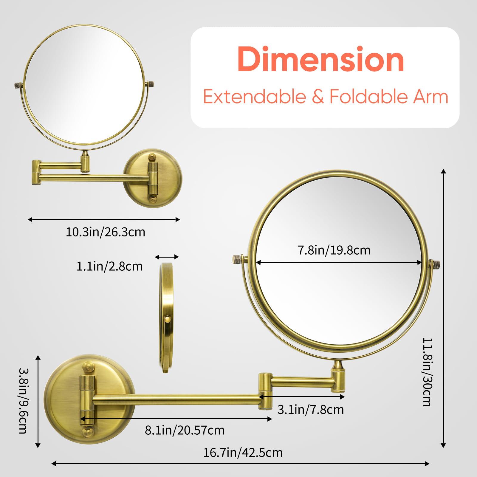 GURUN 8" Wall Mounted Makeup Mirror with 10X Magnification,Two-Sided Swivel Bathroom Mirror,Antique Satin Brass Finish M1306K(8in,10x) - Image 6