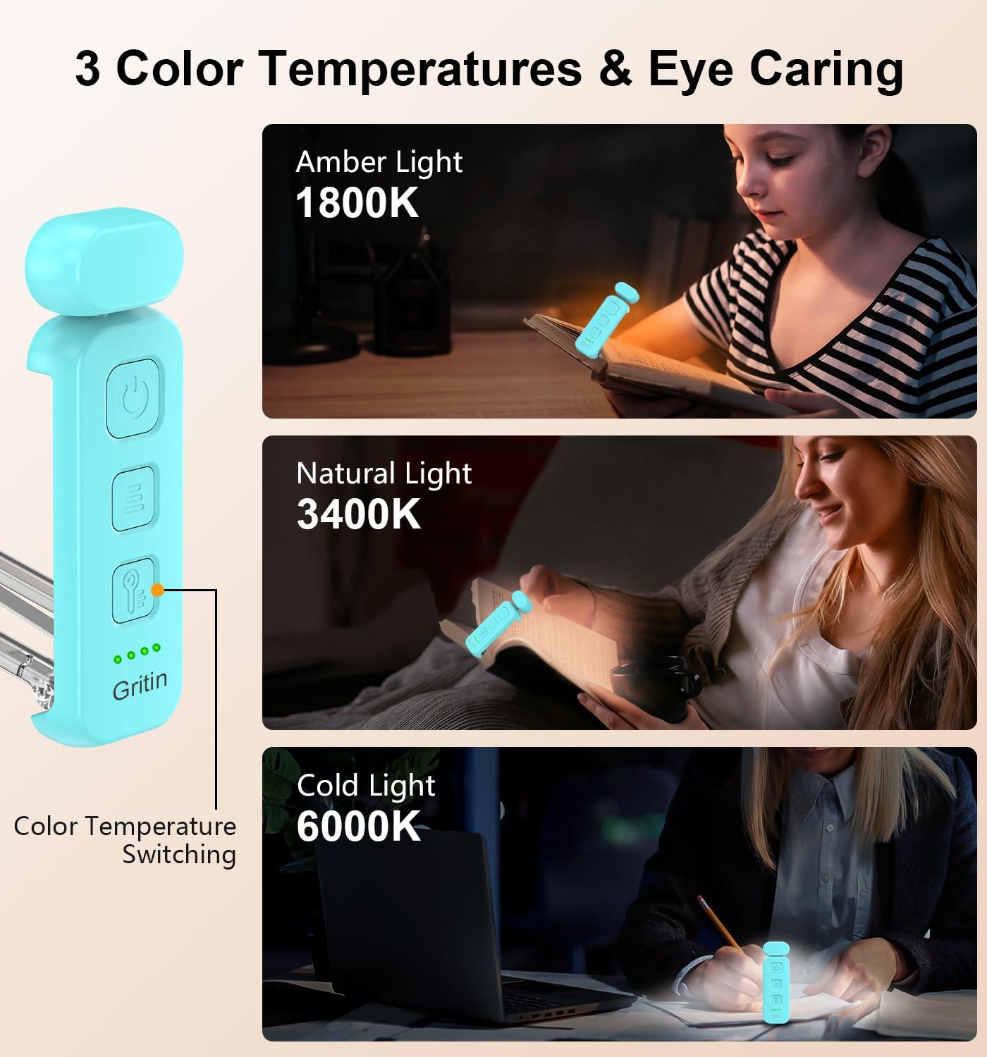 Gritin Reading Light, Rechargeable Book Light for Reading in Bed - Eye Caring 3 Color Temperatures, 5-Level Dimmable Brightness, Long Lasting, Compact Size Clip on Book Lamp for Bookworms-Blue - Image 4