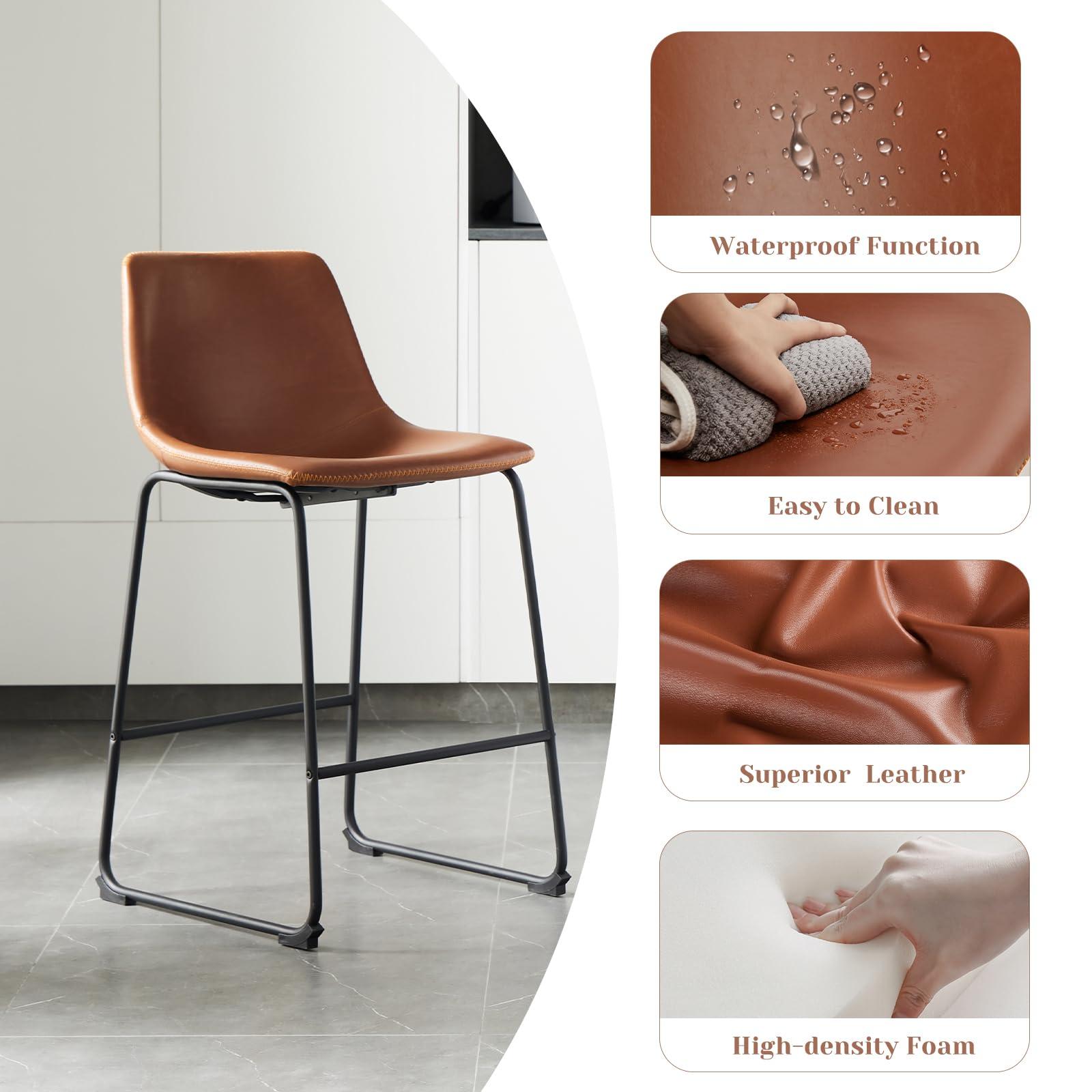Sweetcrispy Counter Height Bar Stools Set of 2, 26 inch Leather Barstools Modern Bar Stools with Back, Counter Stool Armless Bar Chairs with Metal Legs, Footrest, Brown - Image 3