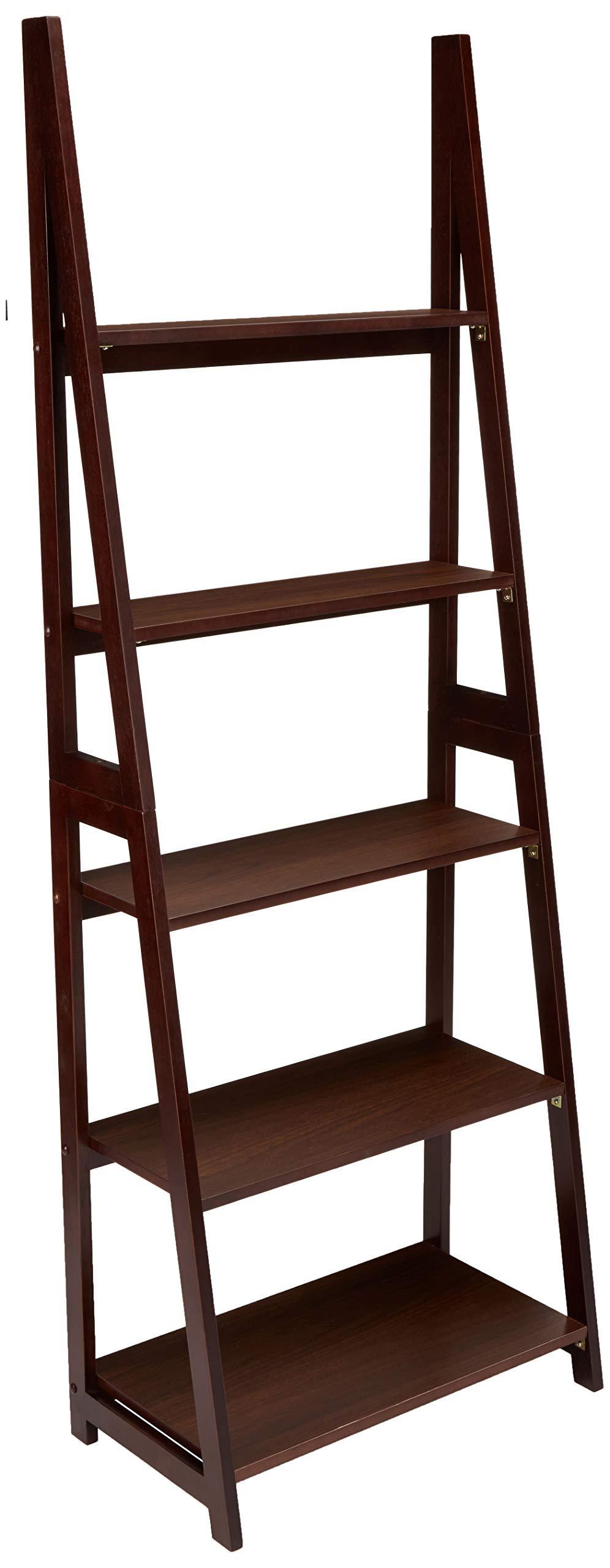 Amazon Basics Ladder Bookshelf Organizer, Solid Rubberwood Frame, Espresso Finish, 5 Shelves, 14" D x 24.8" W x 70.1" H