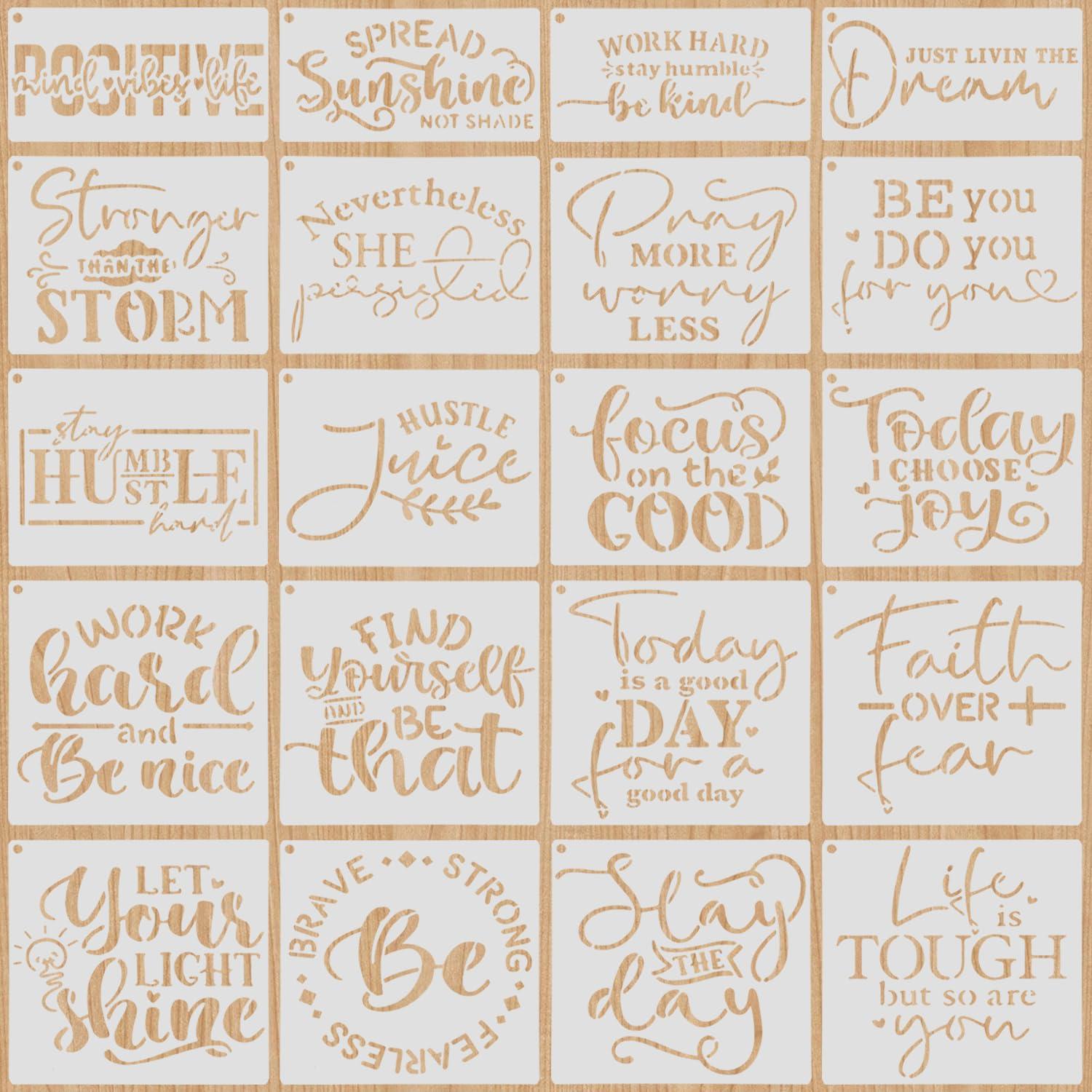 20 PCS Artistic Word Stencils, 4 Inch Inspirational Word Reusable Plastic Paint Templates, Quote Phrase Sayings Stencils Set for Painting on Wood Wall Canvas Fabric Paper Home Sign Furniture Canvas