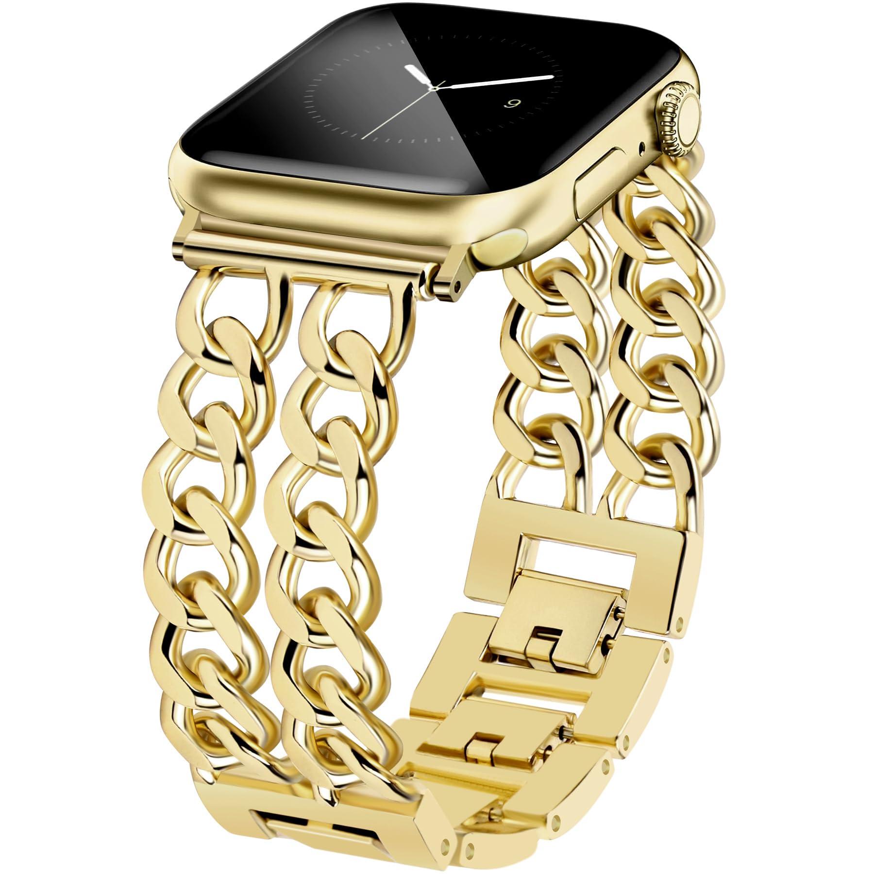 JR.DM Gold Watch Bands for Women Compatible with Apple Watch Band 38mm 40mm 41mm 42mm (S10) Adjustable Metal Band Cowboy Steel Chain Bracelet for iWatch Series1/2/3/4/5/6/7/8/9/10/SE (No Case)