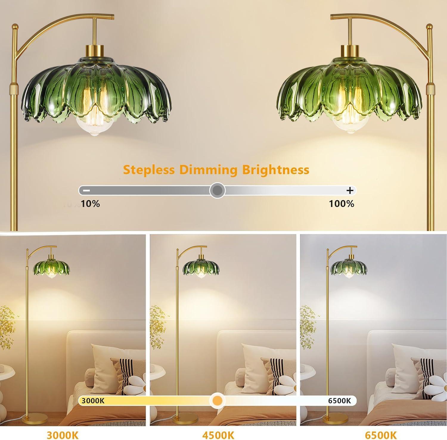 ILLMTW Gold Floor Lamp for Living Room,Bedroom,Mid Century Modern Standing Lamp with Remote,Dimmable Brass Tall Lamp Vintage Retro Green Glass Arc Floor Flower Floor Light Boho Bohemian - Image 2